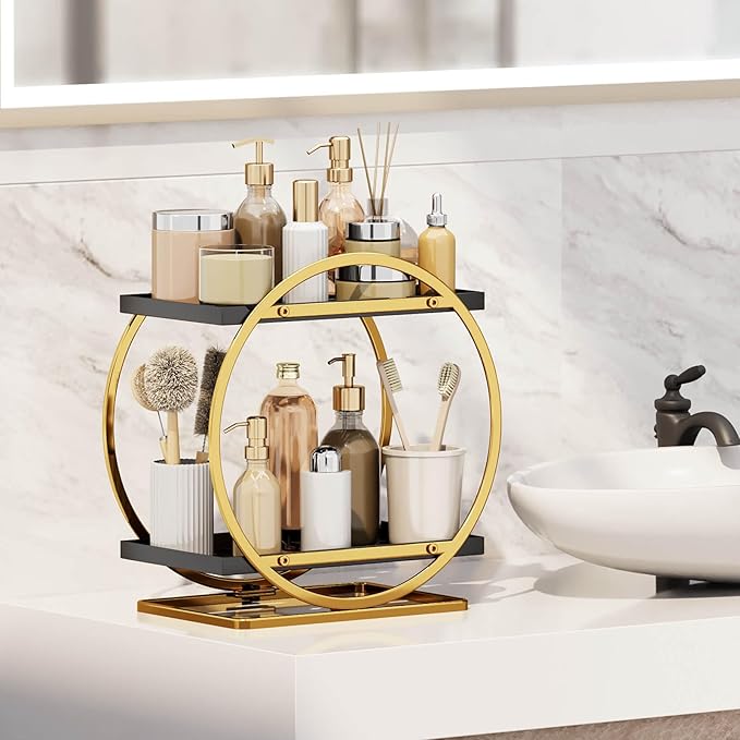 Organizador de Maquillaje para Tocador, 2 Niveles, Metal Negro Dorado miniatura 3