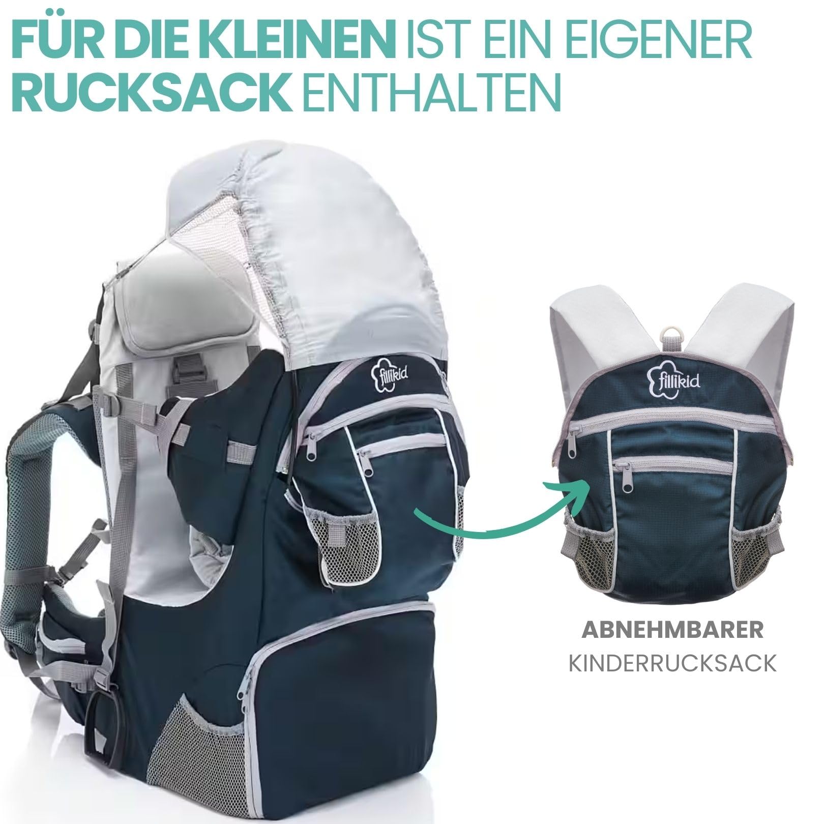 Fillikid Rückentrage - Rücken Babytrage mit Sonnenschutz, Gurt, Kinder Rucksack und Staufächern - Kraxe zum Wandern mit Baby und Kleinkind, bis 18 kg - Blau Grau