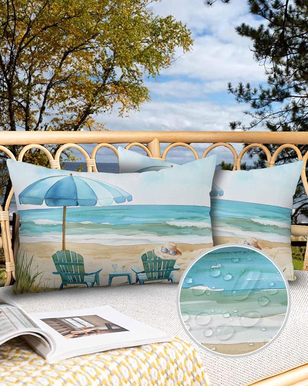 Outdoor Waterproof Pillow Covers Abstract Summer Sea Beach Chair Umbrella Decorative Throw Pillow Protectors, Coastal Ocean Pillowcase Cushion Cases for Patio Sofa Garden Couch,20x12IN,Pack of 2