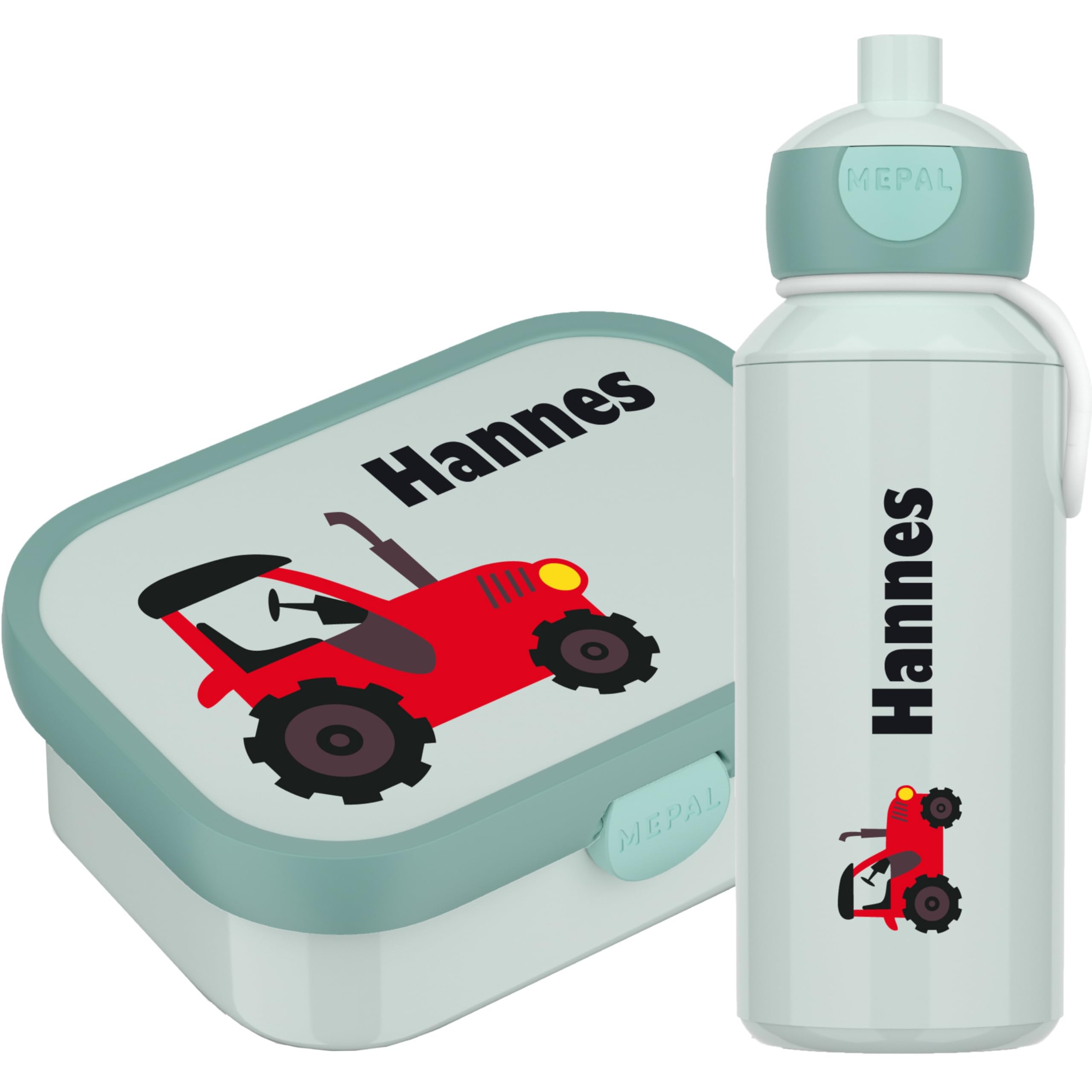 4youDesign SET: türkise Brotdose mit Fächern &Trinkflasche -Trecker- personalisiert mit Namen I Campus mit Bento-Box & Gabel für Jungen & Mädchen, Traktor (Cool Mint)