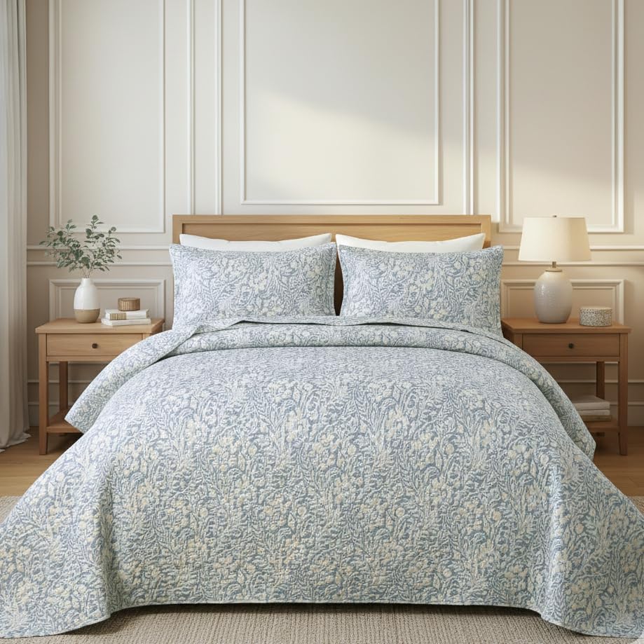 Miniatura 8 de DURLENGEN Juego de colcha botánica California King tamaño 3 piezas, gris azulado estampado con patrón de hojas beige, colcha reversible ligera para