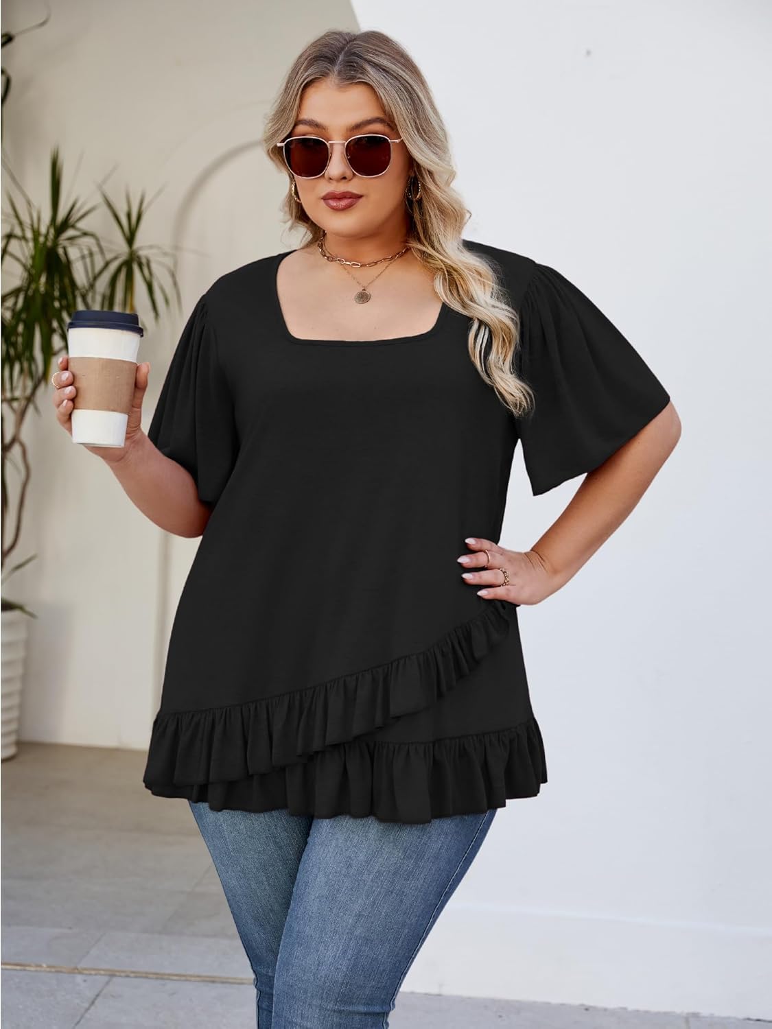Womens Plus Size Tops Dressy Casual Blouses Square Neck Ruffle Hem Tunic Summer Going Out Shirts Short Sleeve 2025 - Image 7