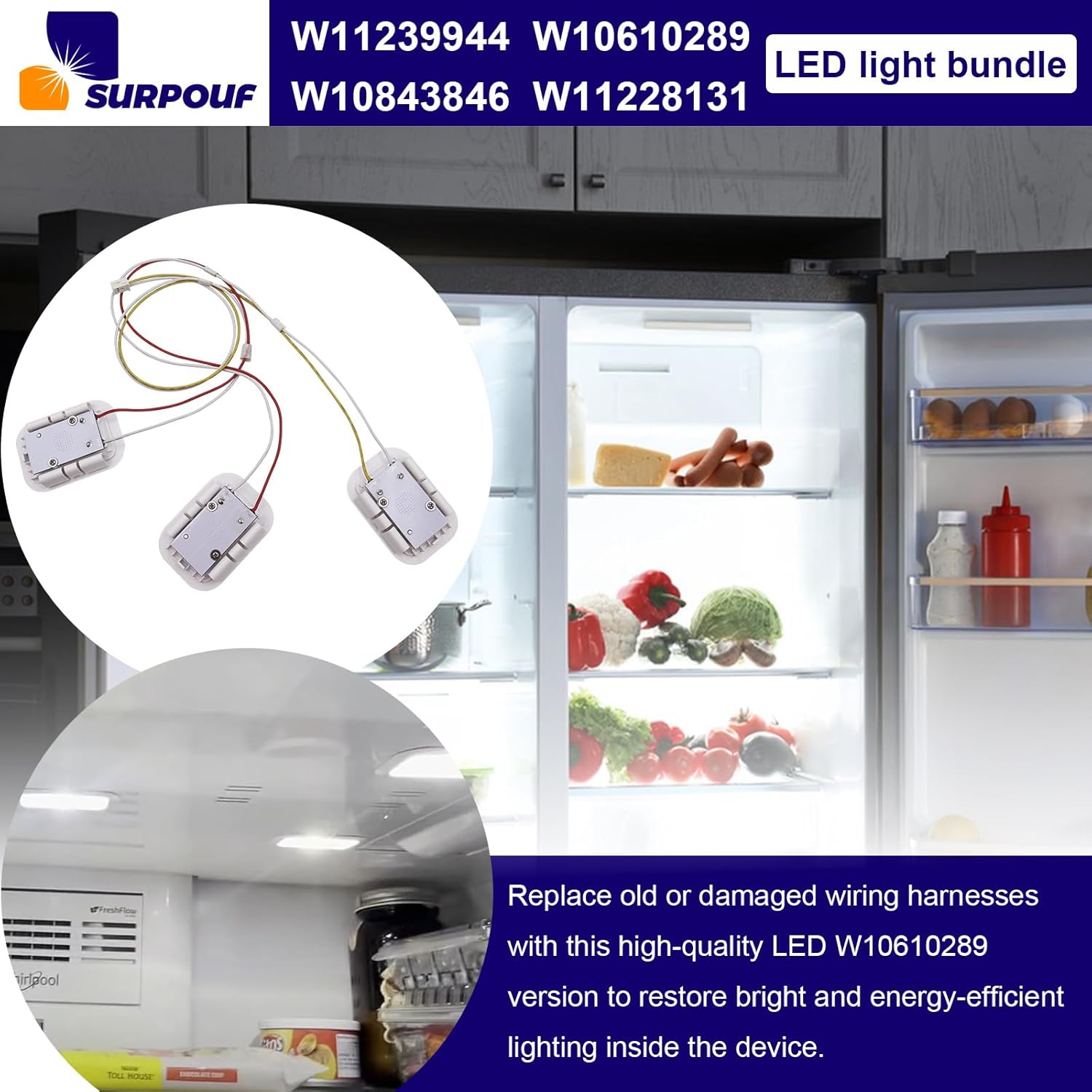 W11239944 W10610289 W10843846 W11228131 LED Light Harness Compatible with Whirlpool Refrigerator Replace AP6333409 PS12578776 for 596, JFX, MFT, MFX, WRF