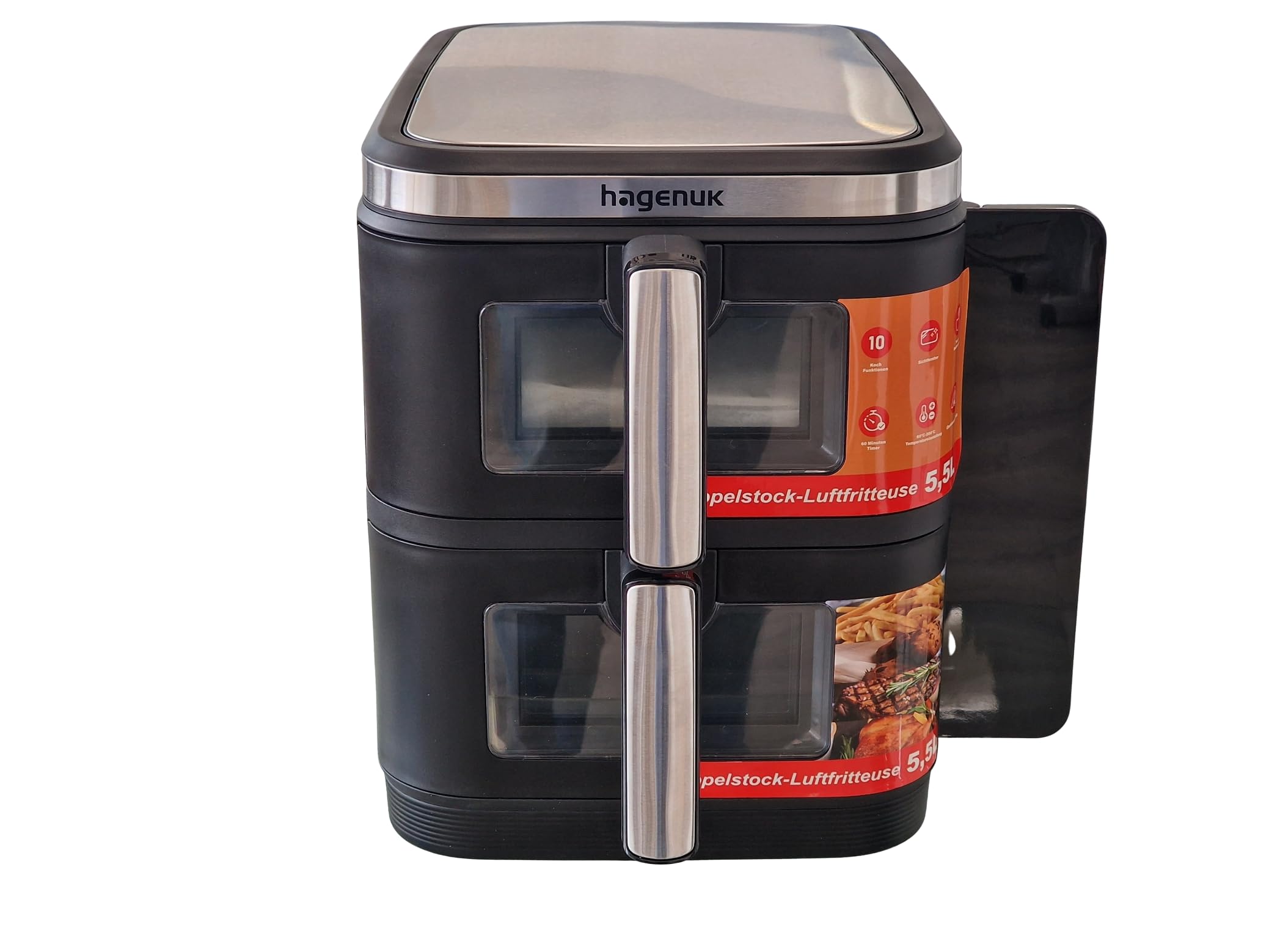 Premium Doppel-Heißluftfritteuse 2×5,5L mit Sichtfenster, 10 Programmen, Grill-Einsatz, Touchdisplay, Sync-Match-Funktion, 2800W, Modell DAF 2800.12 Designed in Germany