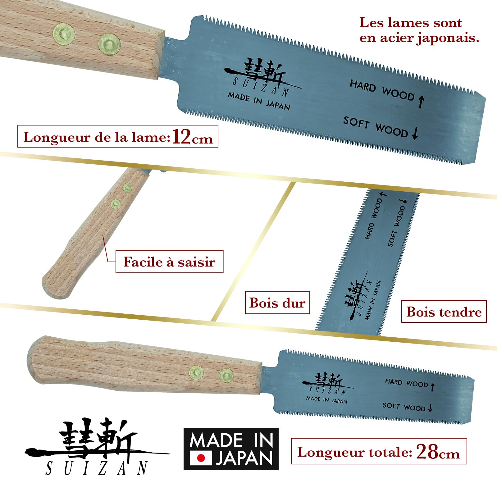 SUIZAN Scies japonaise à coupe fine 120mm - Double tranchant Outils de menuiserie professionnels
