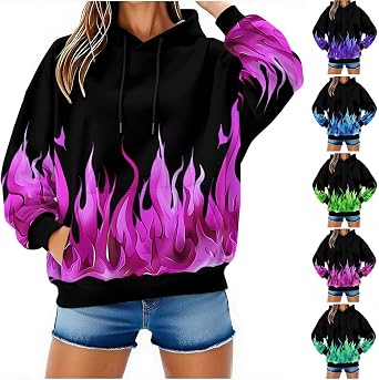 Men and Women Hood Pullover Sweatshirts Fashion 3D Flame Print Long Sleeve Loose Comfy Hoodies Tops Unisex Outfits