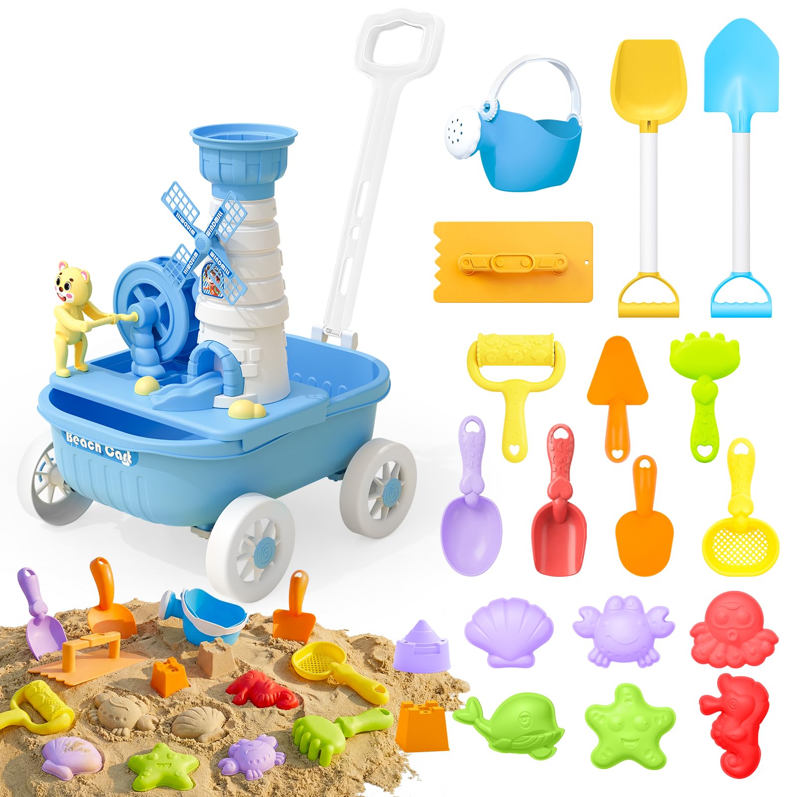 deAO Carretilla de Juguete para Niños, Set de Playa y Jardinería 21 Piezas - Incluye Carretilla, Rastrillo, Pala, Regadera, Molde de Agua y Moldes de Arena - Juguete Exterior para Niños 3 4 5 6 7 Años
