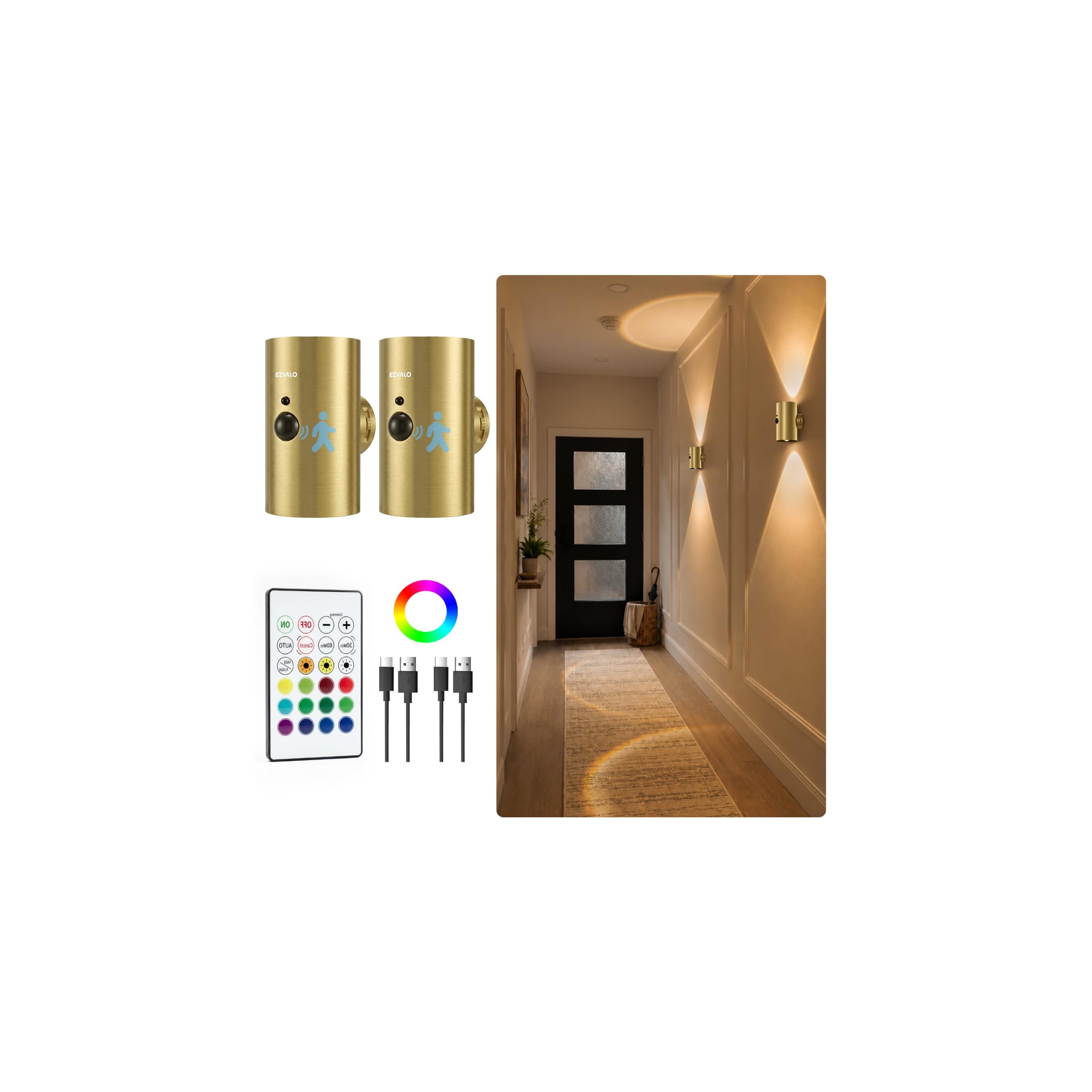 Photo 1 of EZVALO Motion Sensor Wall Sconces with Remote, Rechargeable Battery Operated 4000mAh Wall Lights, 3 Color Temperatures & 12 RGB, Wireless LED Lighting for Hallway, Living Room (Brushed Gold, 2 Pack)