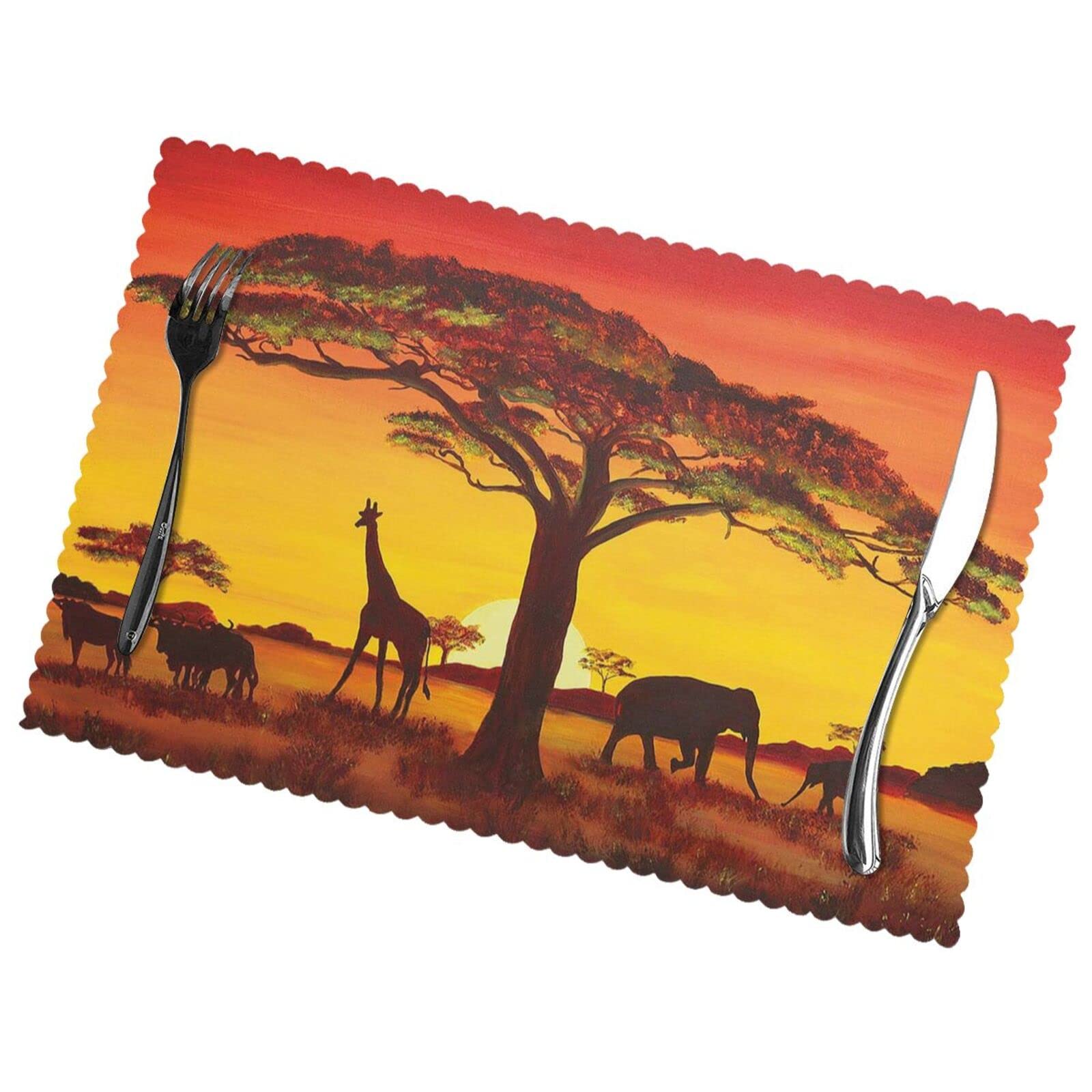 African Animal Sunset Print Premium Oil And Heat Resistant Placemats For Dining Table Set (6-Pack) - 12x18in