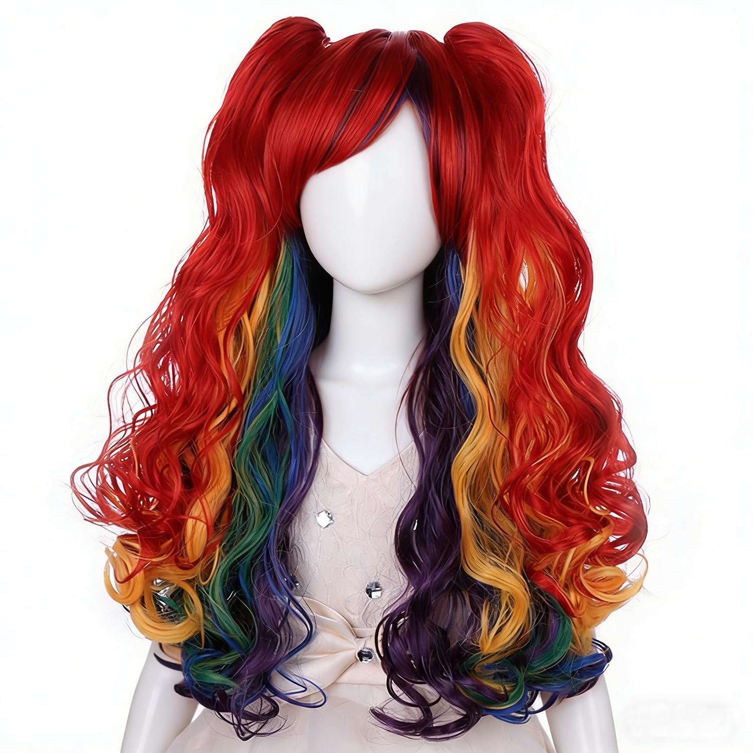 PATTNIUM Rainbow Wig with Ponytail Long Colorful Curly Wig with Side Bangs Women Multi Color Wigs with 2 Pigtails Synthetic Halloween Cosplay Party