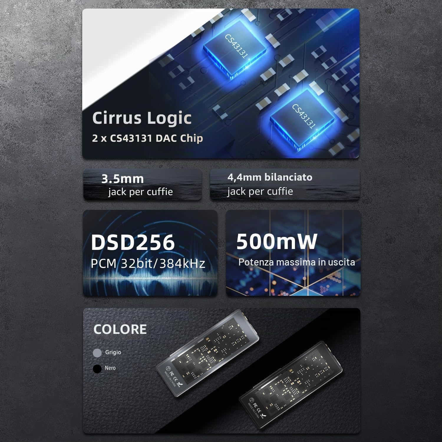S.M.S.L D10 Amplificatore per cuffie USB Potrable Dac con uscite audio da 3,5mm e 4,4mm bilanciate Doppio mini amplificatore audio Supporto 500mw 16Ω DSD256 Hi-Res Earphone Amp (Grigio)