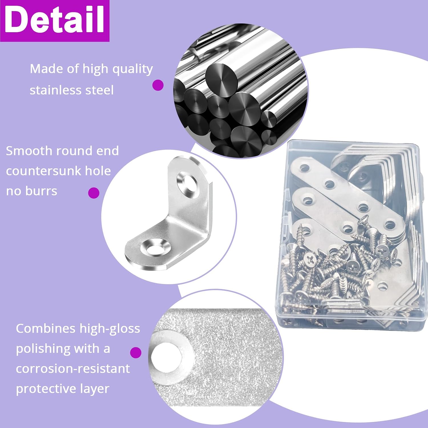 24 Pcs Corner Brace Flat Straight Bracket Sets, Stainless Steel L Brackets for Wood, Various Mending Plates with Screws