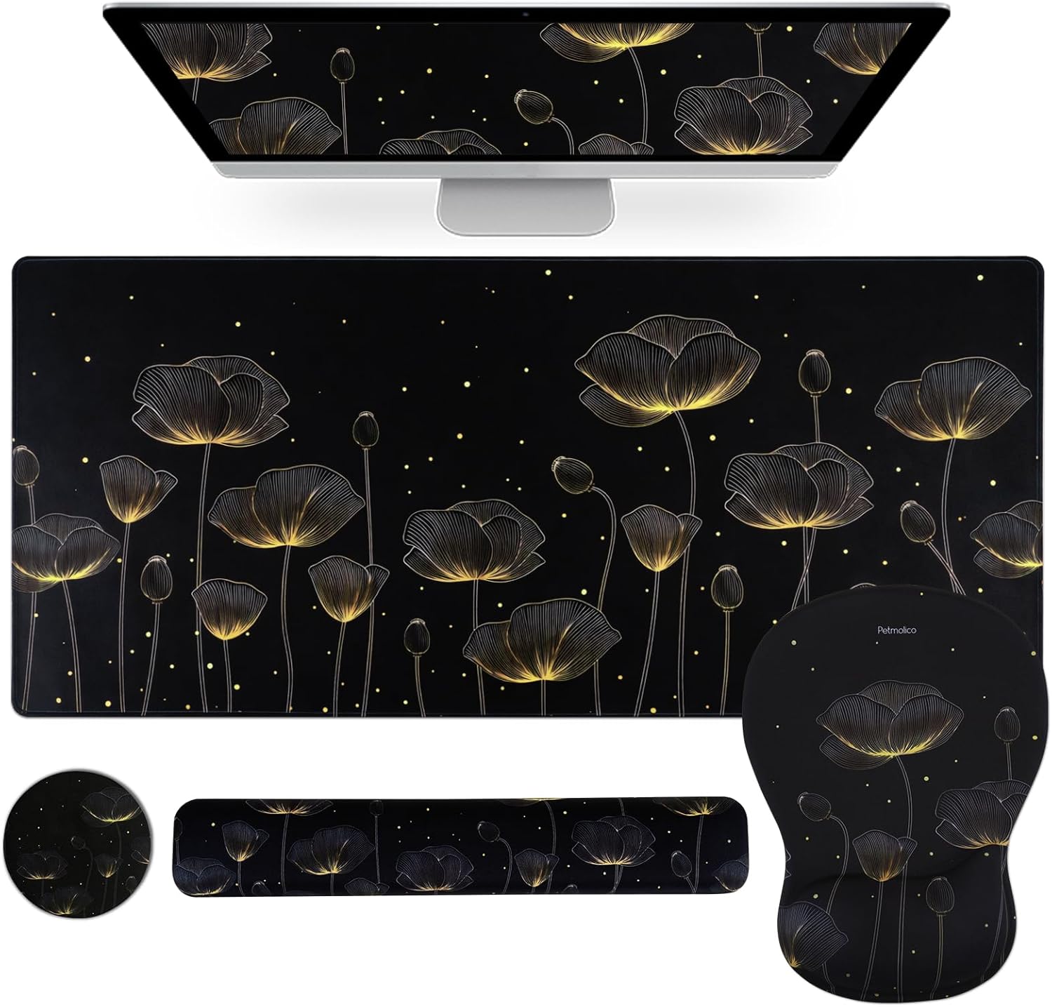 Petmolico Mouse Pad Set with Computer Keyboard Desk Pad,Mouse Pad with Wrist Rest,Typing Wrist Pad and Cup Coasters,Ergonomic Design for Typing Pain Relief [Blue&Yellow,Starry Sky]