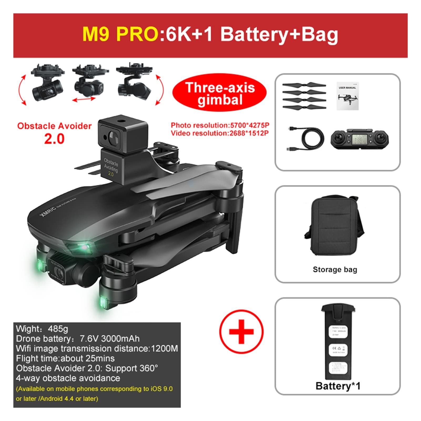 M9 PRO Drony GPS 360 ° Unikanie przeszkód 3- Gimbal EIS Kamera FPV Dron VS SG906MAX / PRO RC Zabawki dla dziecka dorosłego (Kolor: torba M9PRO 6K 1B)