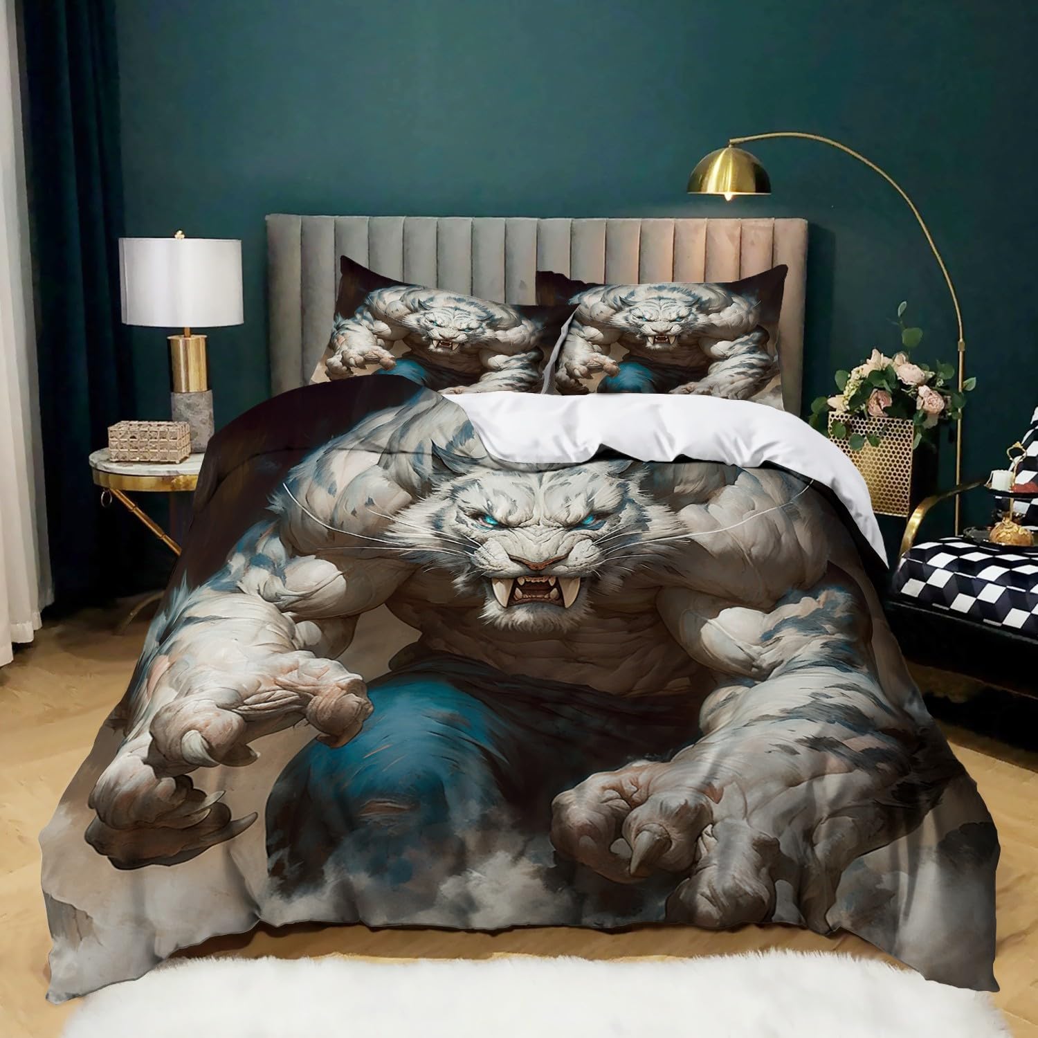 Poszewka na kołdrę podwójny anime biały tygrys zestawy pościeli z nadrukiem miękka mikrofibra poszewka na kołdrę 200 x 200 cm i 2 poszewki na poduszki 50 x 75 cm z zapięciem na zamek błyskawiczny dla