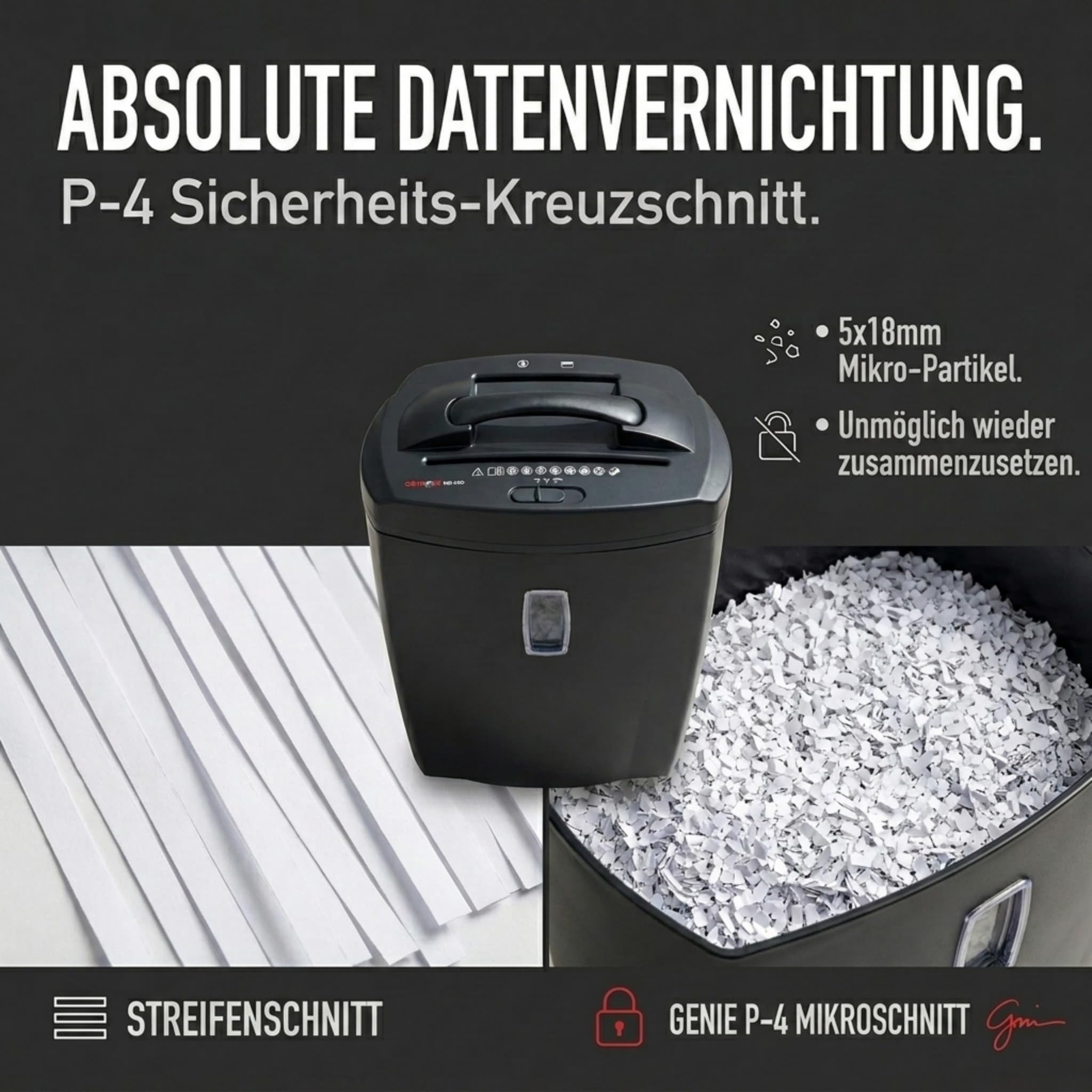 Genie 580 XCD Aktenvernichter; bis zu 10 Blatt; Partikelschnitt (Sicherheitsstufe P-4); mit CD - Shredder; inkl. Papierkorb; schwarz, 350 x 215 x 450 mm