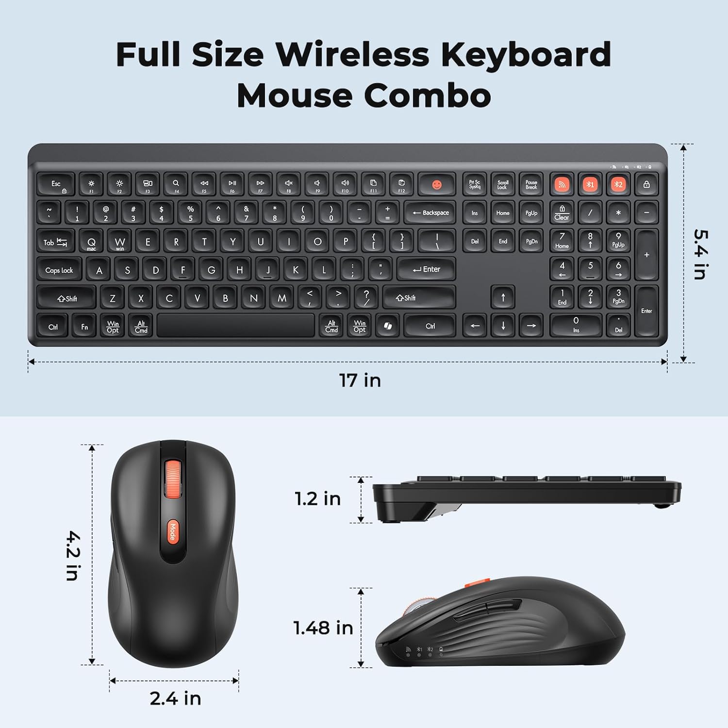 Bluetooth Keyboard and Mouse, 2.4G + Dual Bluetooth Multi Device, Full Size Silent Ergonomic Keyboard with 4 Level DPI Adjustable Wireless Mouse for Windows, Mac OS Desktop/Laptop/PC
