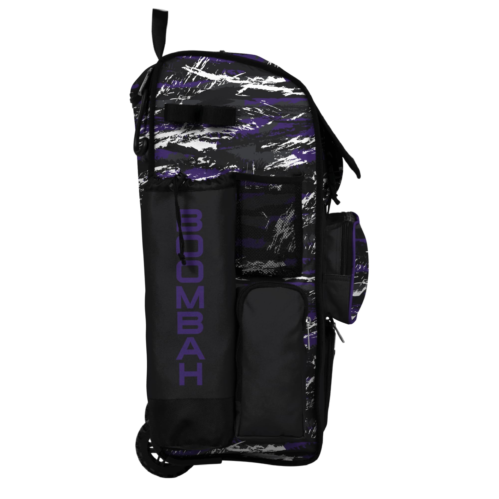 Boombah Rolling Superpack Baseball/Softball Gear Bag - Telescopic Handle - Holds 4 Bats - Wheeled Version - Razor Black/Purple/White