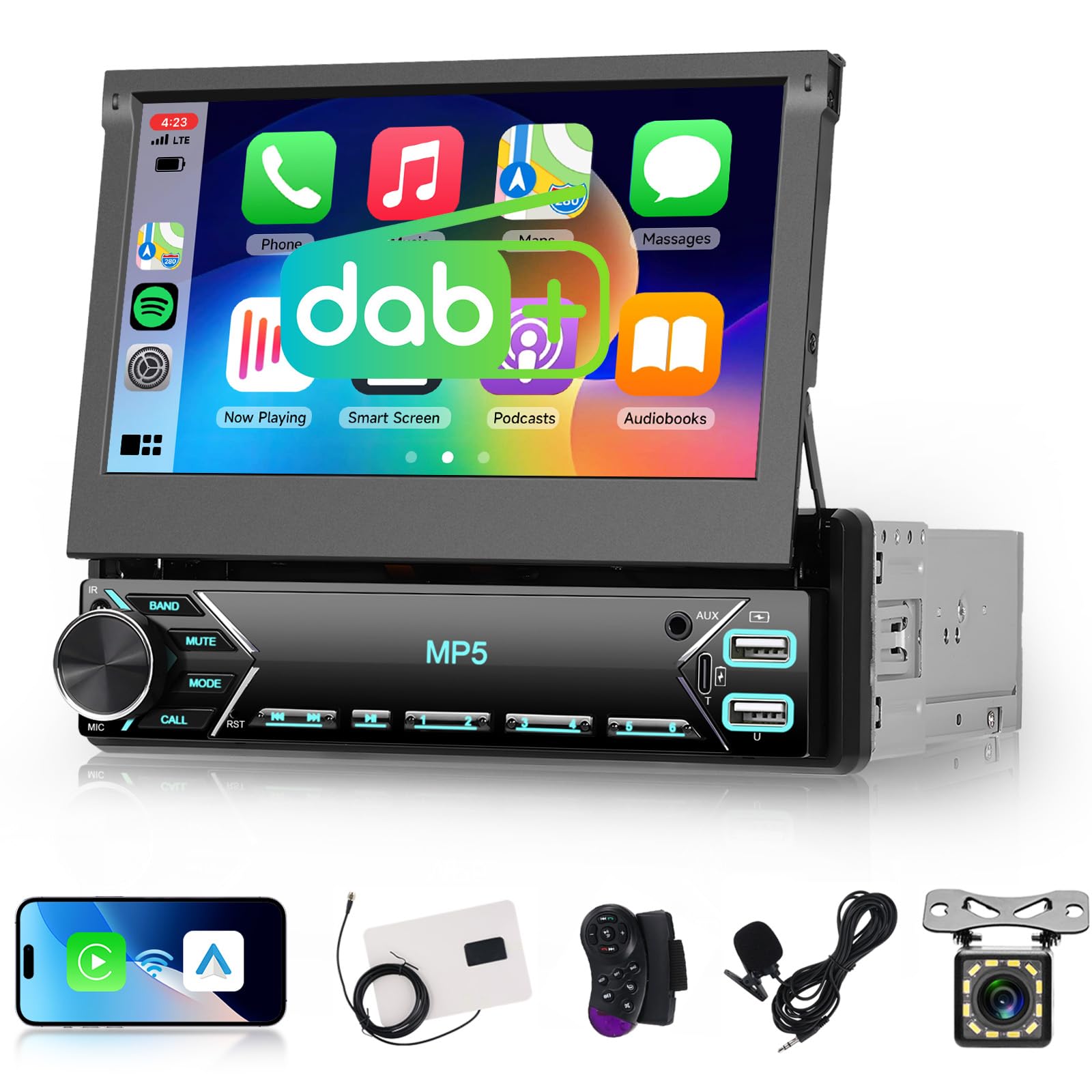 Dab Autoradio 1 Din avec Ecran Retractable de 7 Pouces, Hodozzy Écran Tactile Radio 1 Din avec sans Fil Carplay Android Auto, Bluetooth, Lien Miroir, EQ, FM, SWC, USB, Type-C + Caméra de Recul et MIC