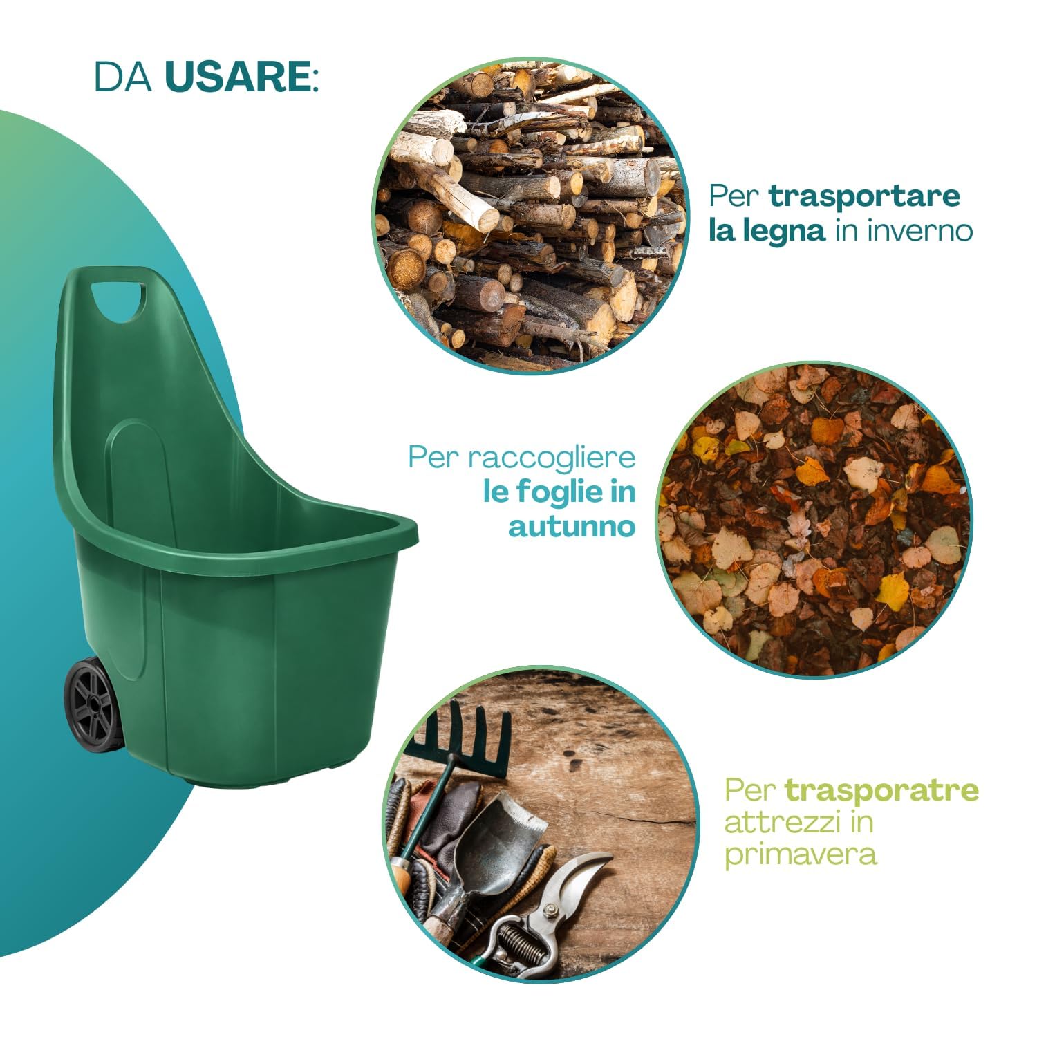 Paluplus Trolley da Giardino Verde con Maniglia da 60 Litri, misura 49x58x87 cm, Carrello con Ruote Portatutto, Praticità e Resistenza per i Tuoi Lavori all'Aperto -912F