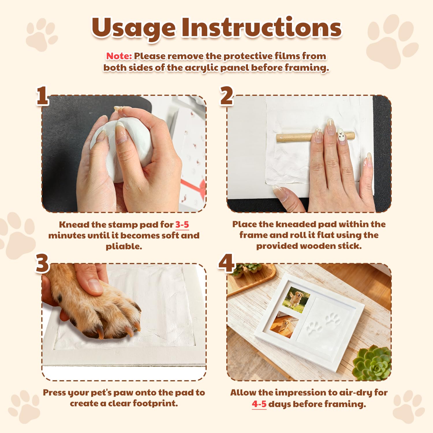 Kit de Huellas para Patas de Perro y Gato, Marco de Fotos con Huella de Arcilla, Kit de Huellas de Manos y Pies de Bebé, Marco Conmemorativo de Mascotas para Recién Nacidos, Perros y Gatos, Blanco