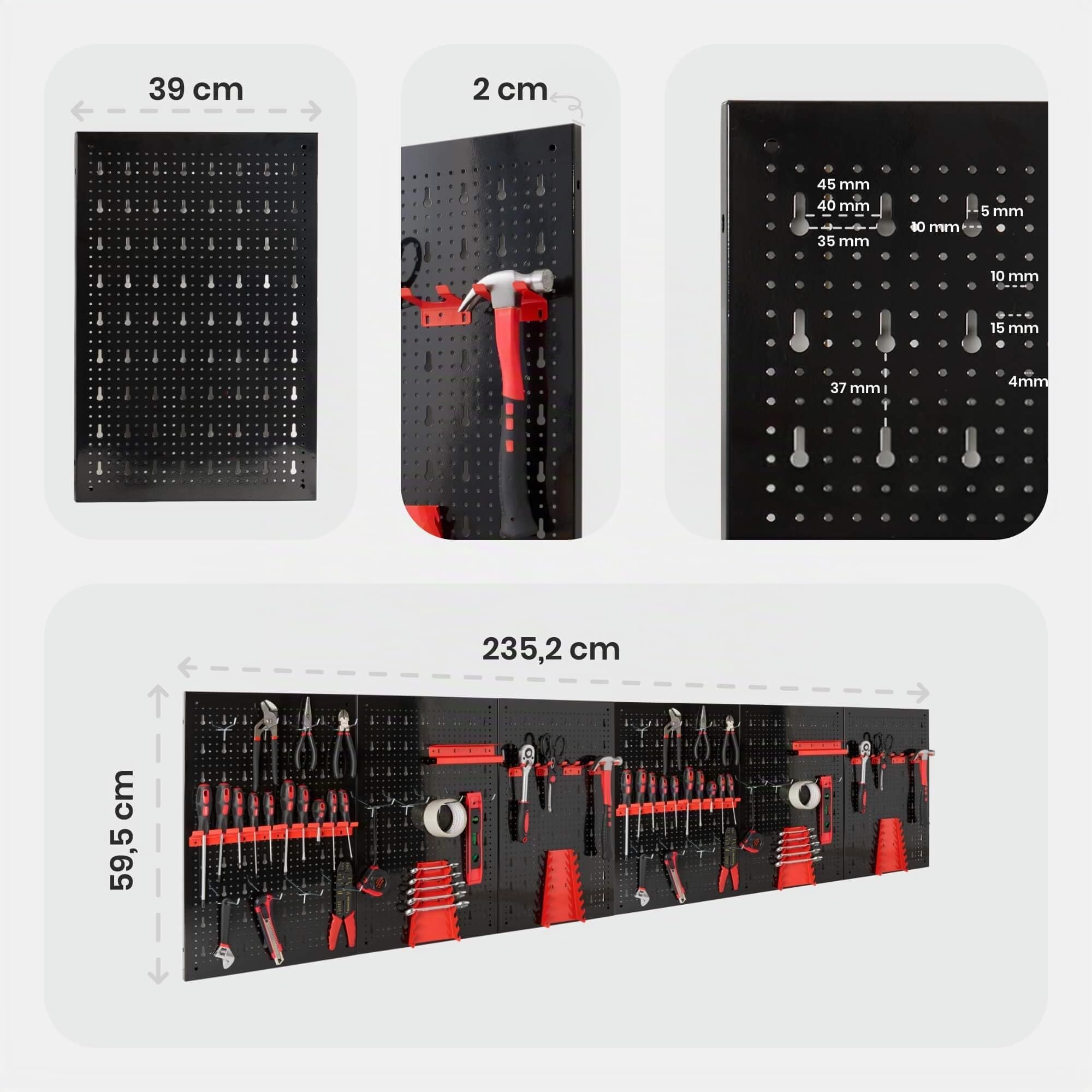 AREBOS Panneau à Outils Mural 6 Pièces | Kit avec 34 Crochets et Supports | 235,2 x 59,5 cm | Mur à Outils en Métal pour Atelier | Matériel de Montage Inclus | Rouge