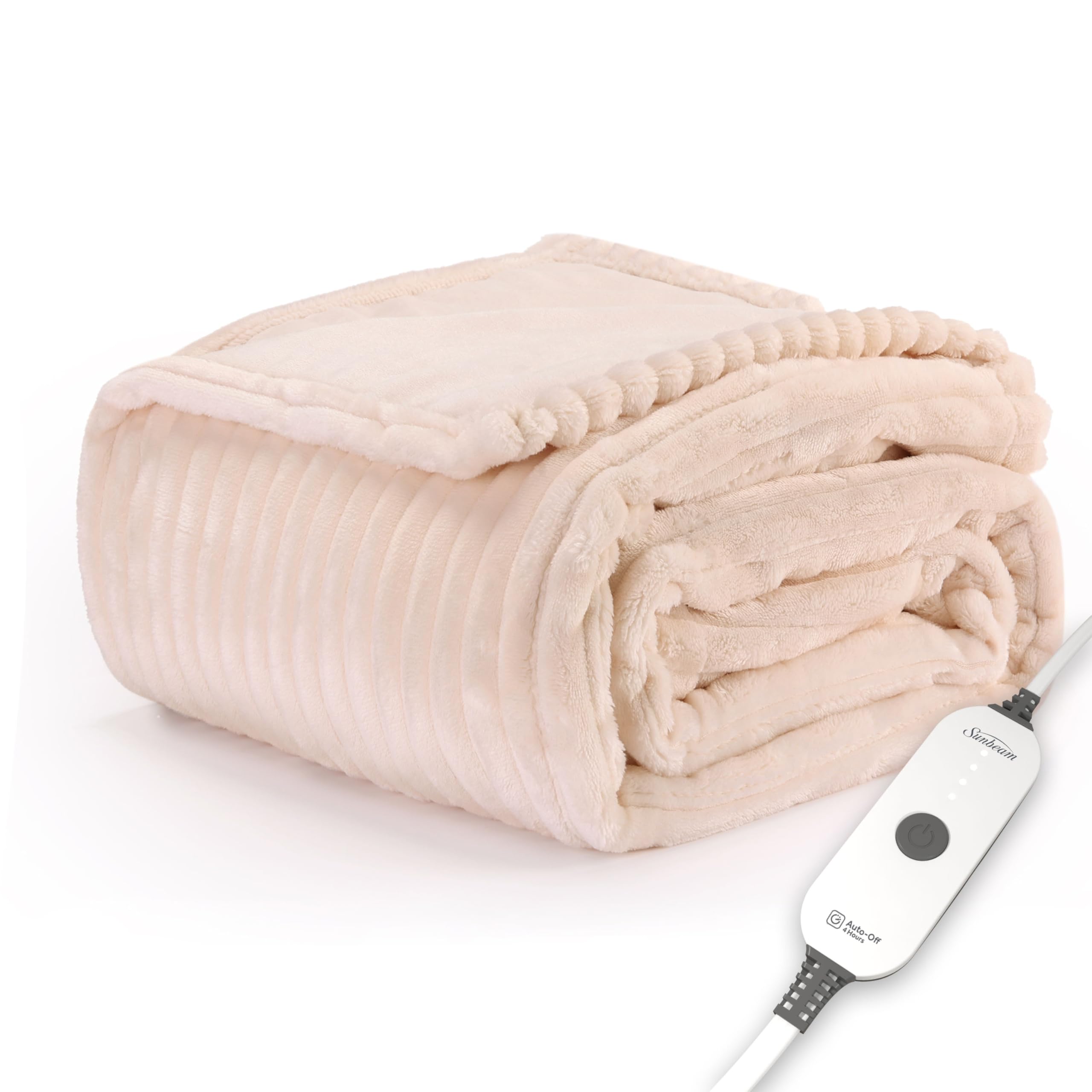Sunbeam Electric Throw Royal Posh Velvet Heated Blanket, 4 Heat Settings, 4-Hour Auto Shut-Off, Fast Heating, Lush, Silky, and Ultra Comfy, Ribbed Champagne Color, 50" x 60"