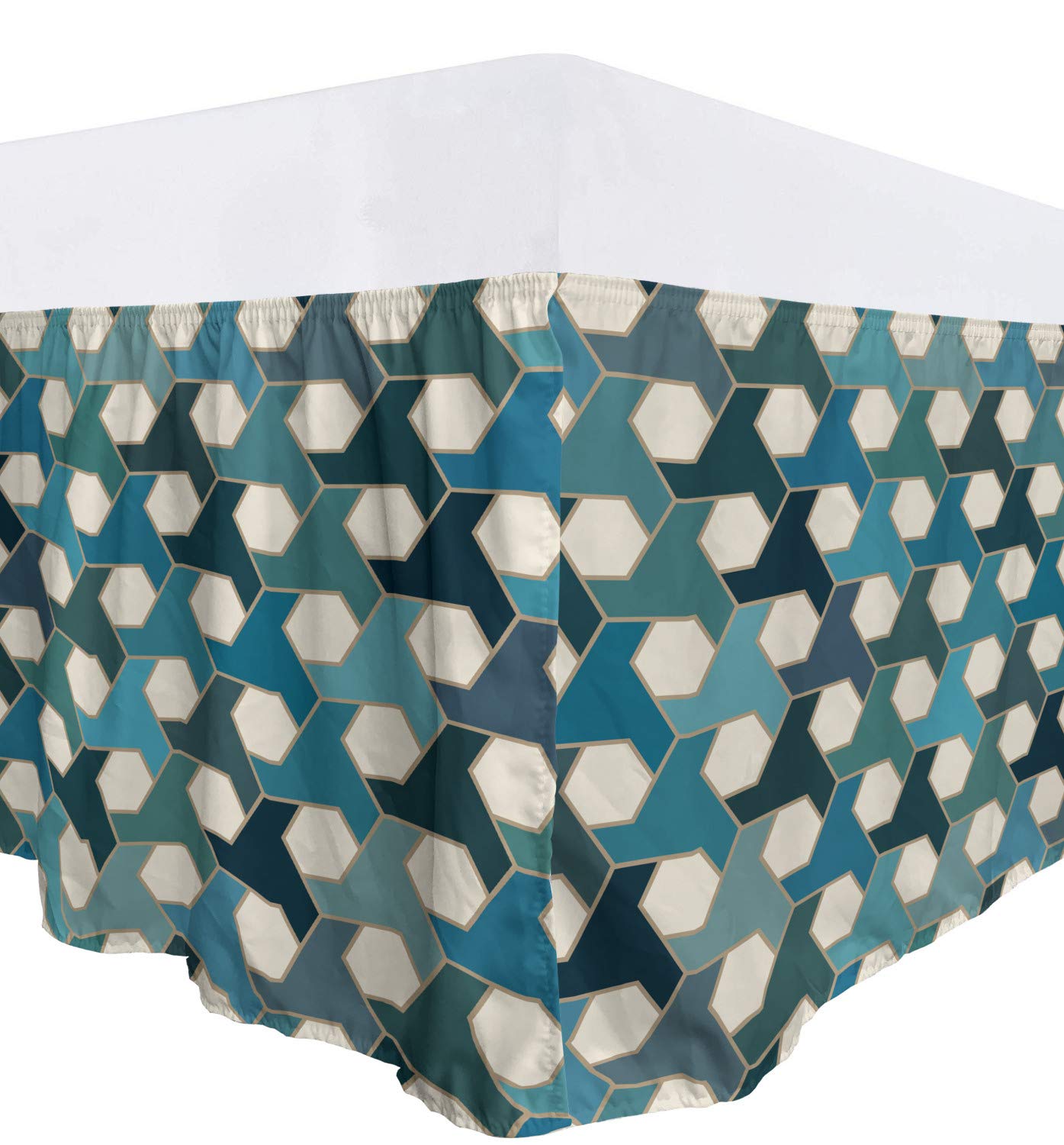 Lunarable Geometric Bed Skirt Inspired Tiles Mosaic Antique Cultural Hexagonal Elastic Bedskirt Dust Ruffle Wrap Around for Bedding