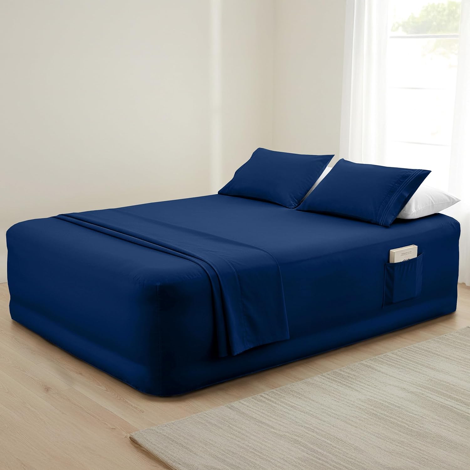 Mocassi 4-Piece Extra Deep Pocket 16-24 Inch Air Mattress Bed Sheet Set- 4PC Sheet Set with Smart Pockets Ideal for Air Beds, RVs, Camping and Guest Rooms Premium Hotel Quality, Queen, Navy Blue