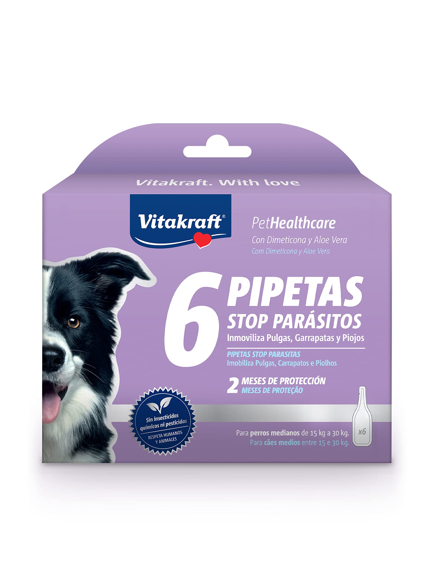 Vitakraft - Pipeta Stop Parásitos para Perros Medianos Entre 15 y 30kg, con Dimeticona y Aloe Vera - 3ml x 6 Pipetas