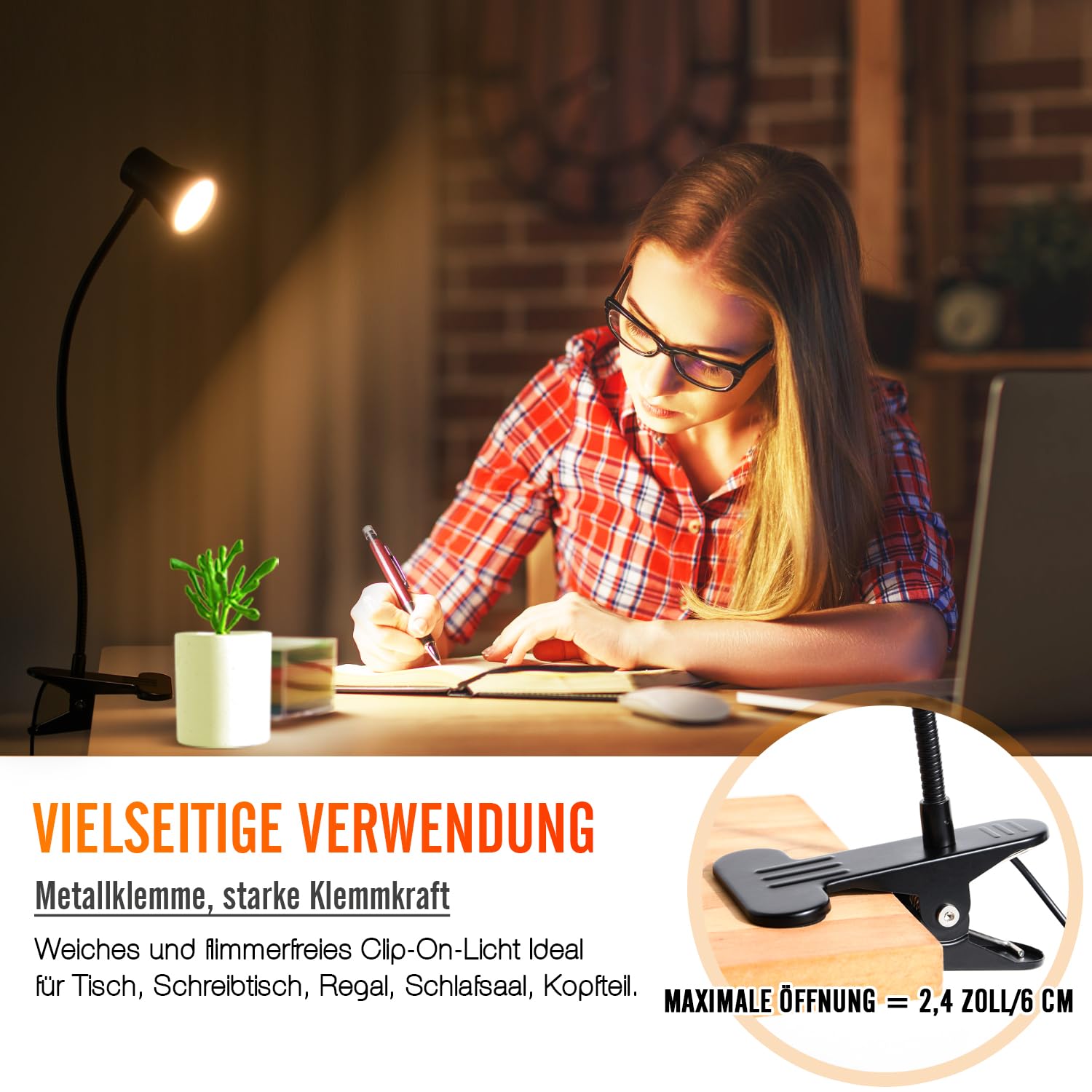 Lámpara LED con pinza como lámpara de lectura, lámpara de escritorio, luz de maquillaje, 3 temperaturas de color, 10 brillo, lámpara de pinza USB, lámpara LED regulable, luz diurna, cable