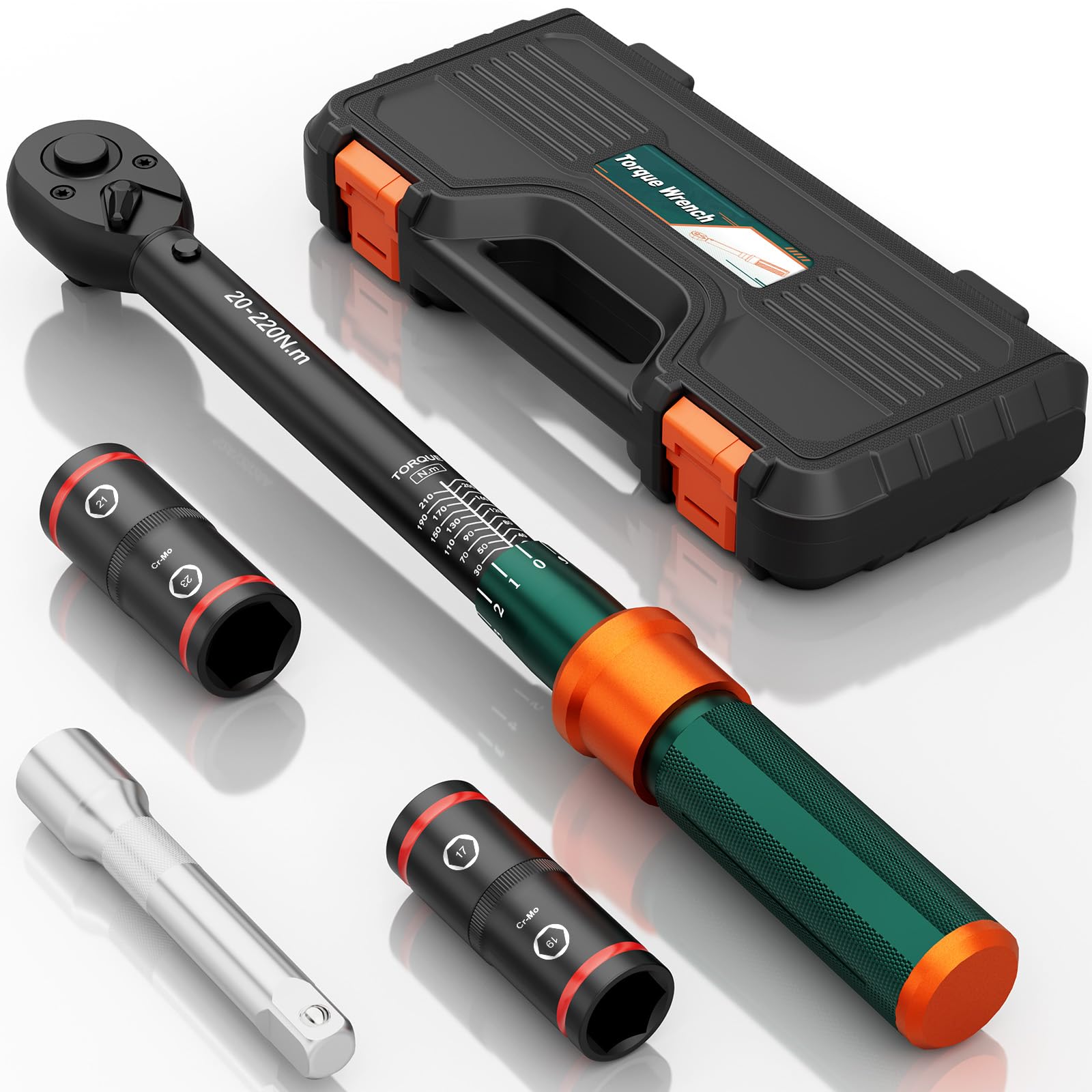 NADOKHI Drehmomentschlüssel 1/2 Zoll, 20-220Nm, 72 Zähne, 4-tlg Drehmomentschlüssel Auto Set mit 150mm Verlängeru, Doppelend-Stecknuss 17mm/19mm, 21mm/23mm, für Reifenwechsel Auto und Motorrad