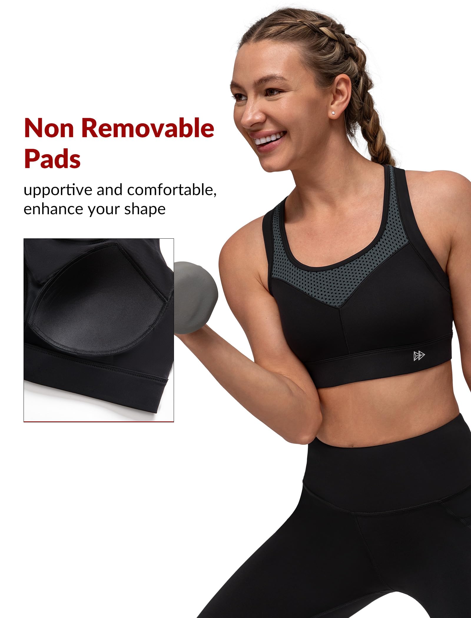 Yvette Reggiseno sportivo da donna con spalline incrociate, supporto per corsa, reggiseno sportivo con cuscinetti cuciti