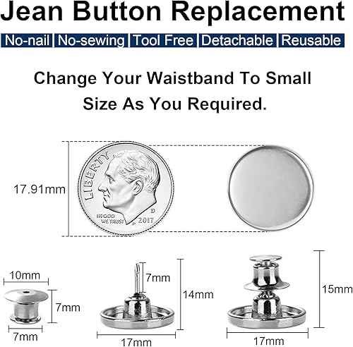Miniatura 3 de TOOVREN 8 juegos de botones de mezclilla para jeans sueltos, sin coser sin herramientas, reemplazo instantáneo, pasadores de botón ajustables para