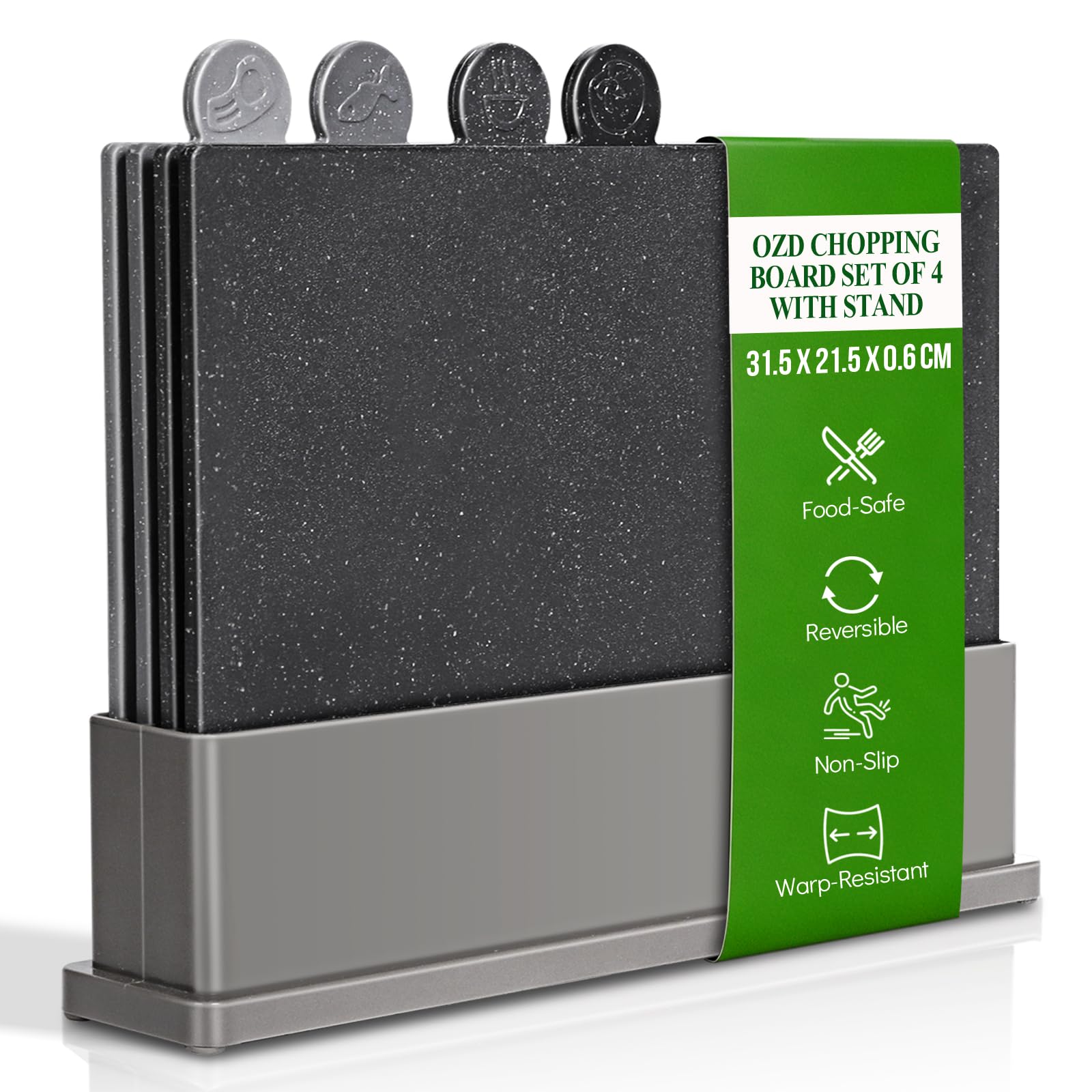OZD Schneidebrett-Set, 4 Stück, Kunststoff-Schneidebretter mit Ständer und Lebensmittel-Symbolen, rutschfestes Schneidebrett für Küche, BPA-freie Schneidebretter für Gemüse, Obst, Fleisch, nicht porös