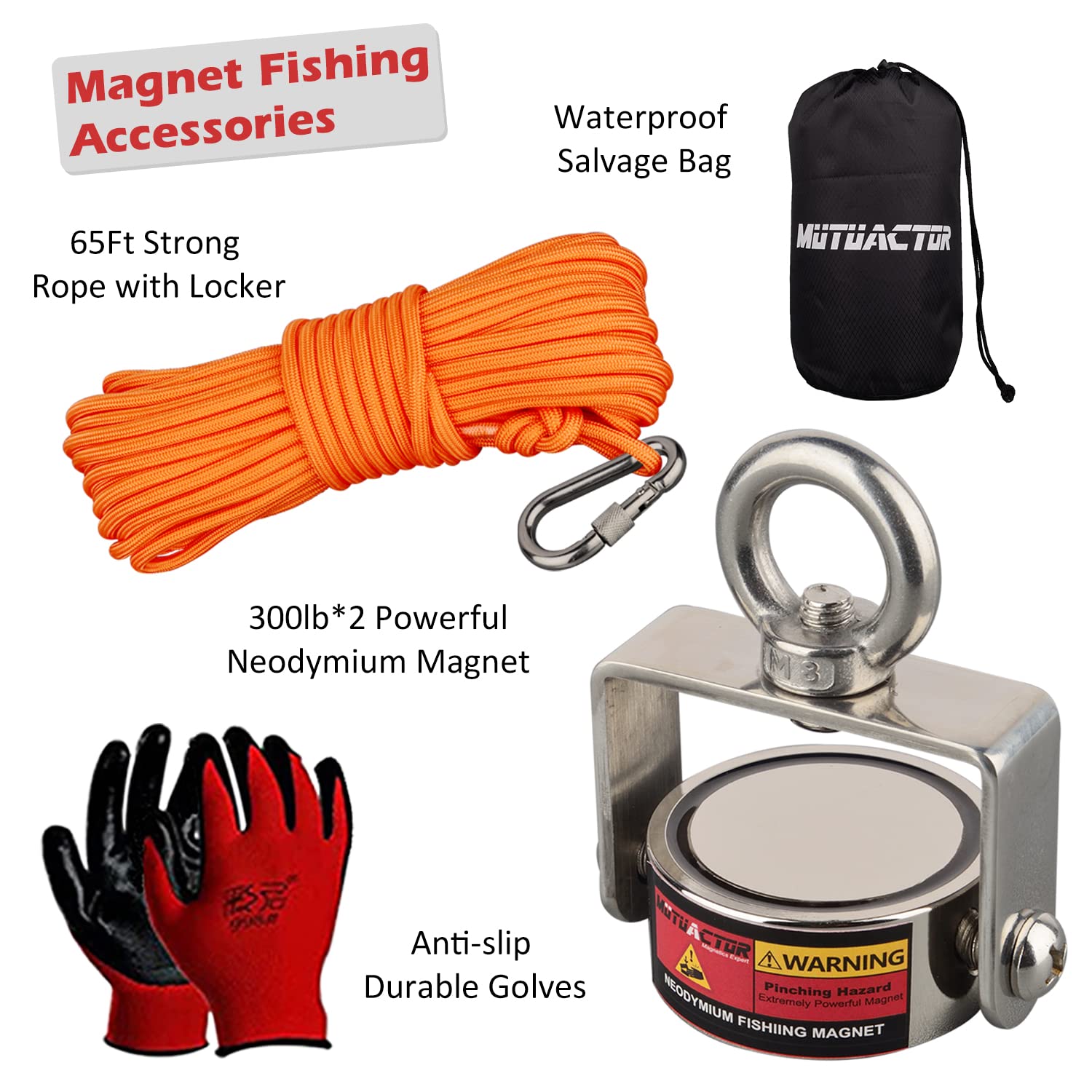 MUTUACTOR Magnet Fishing Kits,600lb Strong Rotate Fishing Magnets Heavy Duty,Neodymium Rare Earth Swivel Magnet with 65Ft Durability Rope,Sturdy Gloves for Retrieving Treasures in Rivers