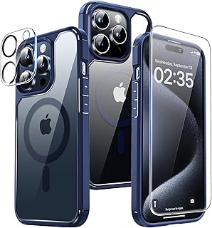 TAURI [5 in 1] Magnetic Case for iPhone 15 Pro Max [Military Grade Drop Protection] with 2X Screen Protector +2X Camera Lens Protector, Translucent Matte Slim Fit Designed for Magsafe Case-Blue