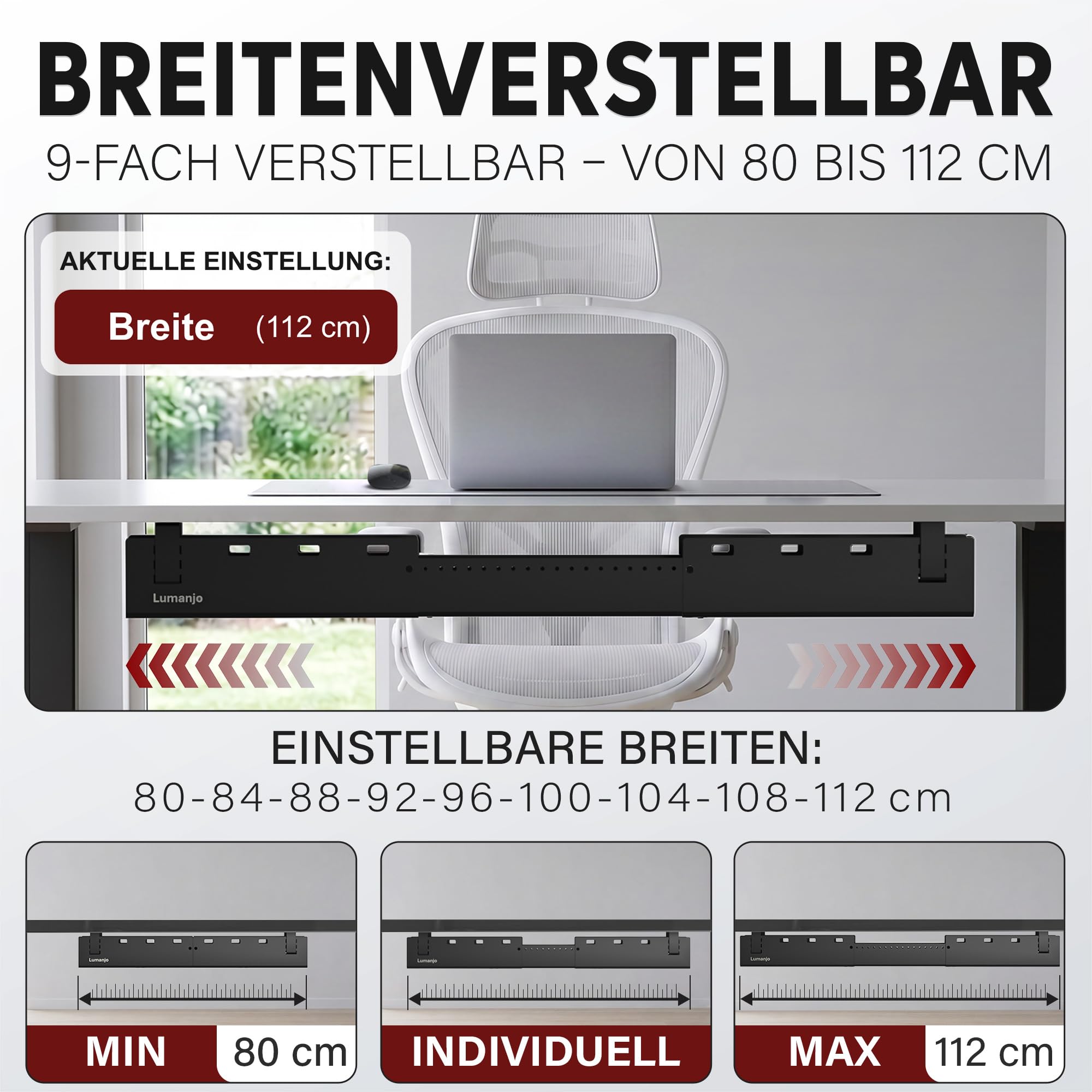 Kabelkanal Schreibtisch ausziehbar 80-112cm - Kabelwanne Schwarz | 3-fach höhenverstellbarer Kabel Organizer. Pulverbeschichteter Stahl. Komplett-Set inkl. 50+ Zubehör, bis 14kg belastbar.