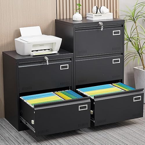 Miniatura 2 de Archivador lateral de 2 cajones con cerradura para oficina en casa, archivador de metal con barra ajustable para colgar, organización de archivador