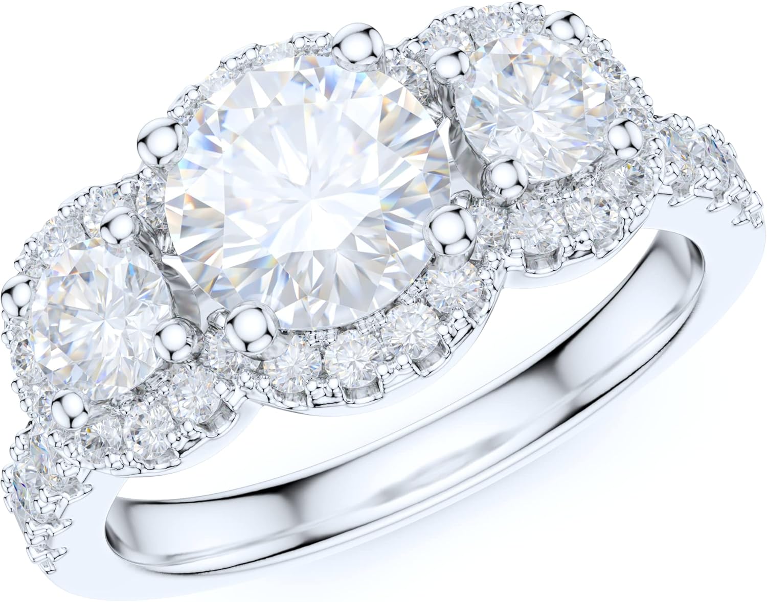 Sterling Silver Three Stones 1CT Simulated Round Brilliant Cut Diamond or Genuine Moissanite Halo Engagement Ring Wedding Promise Ring
