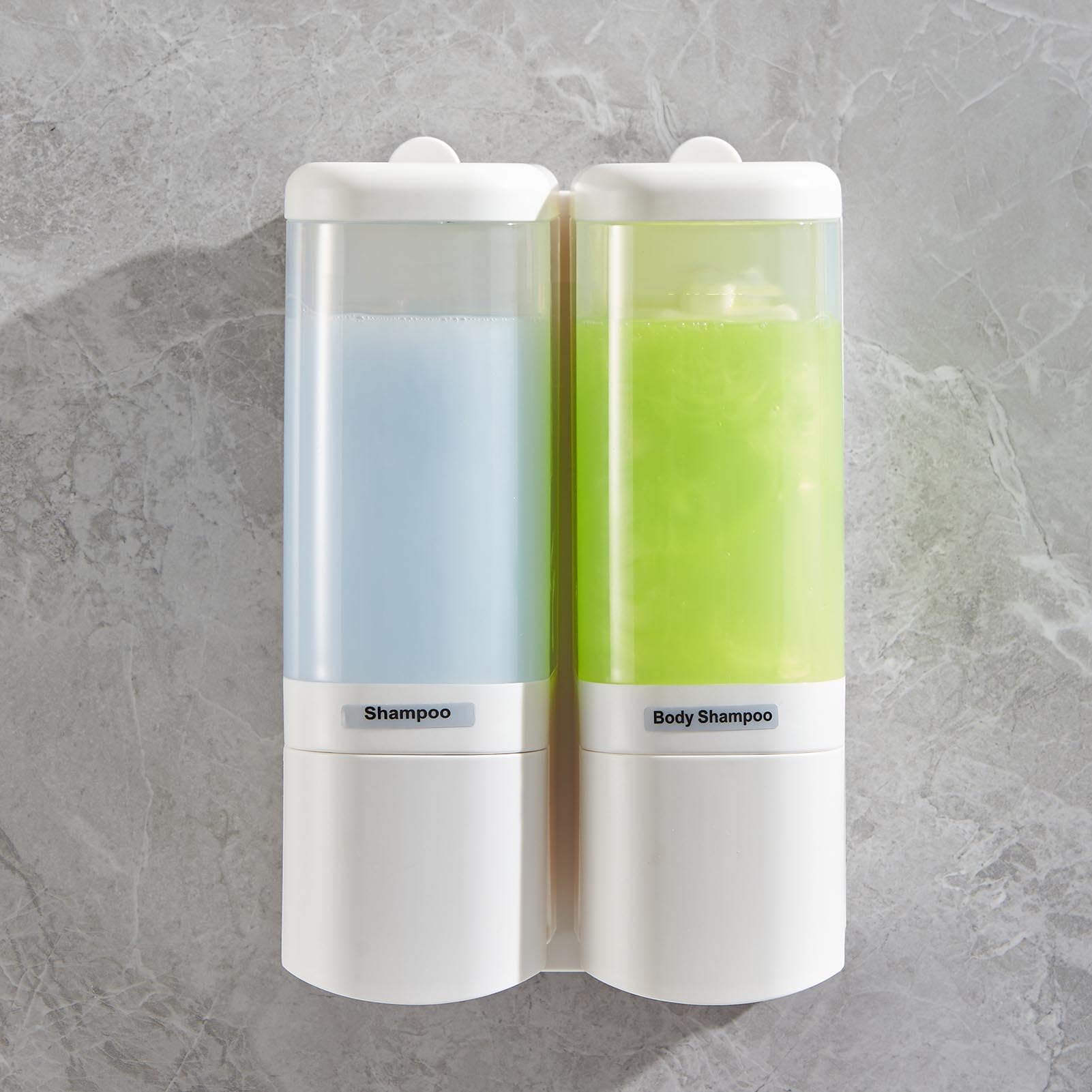 Dispensatore Sapone Manuale, Doppio Scomparto da 480ml Perfetto per Doccia, Parete, Con Meccanismo Antigoccia, Montaggio a Parete Senza Viti, Per Bagno Hotel (Bianca)