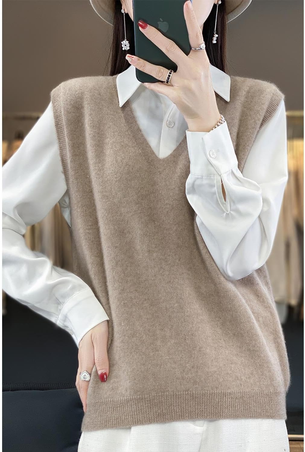 Women's V-Neck Knit Sweater Vest 100% Merino Wool Lightweight Sleeveless Pullover Basic Vest Short Tops - Image 2