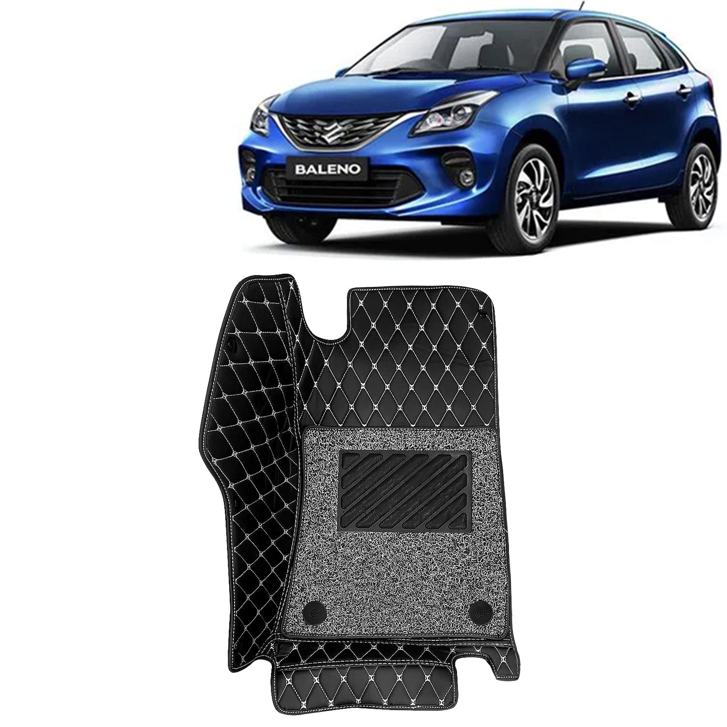 KINGSWAY® 7D Car Floor Foot Mats Compatible with Maruti Suzuki Baleno (Year 2019-2022) - Complete Set of 3 Pieces, Top-Notch PU Leatherette, Washable, Black