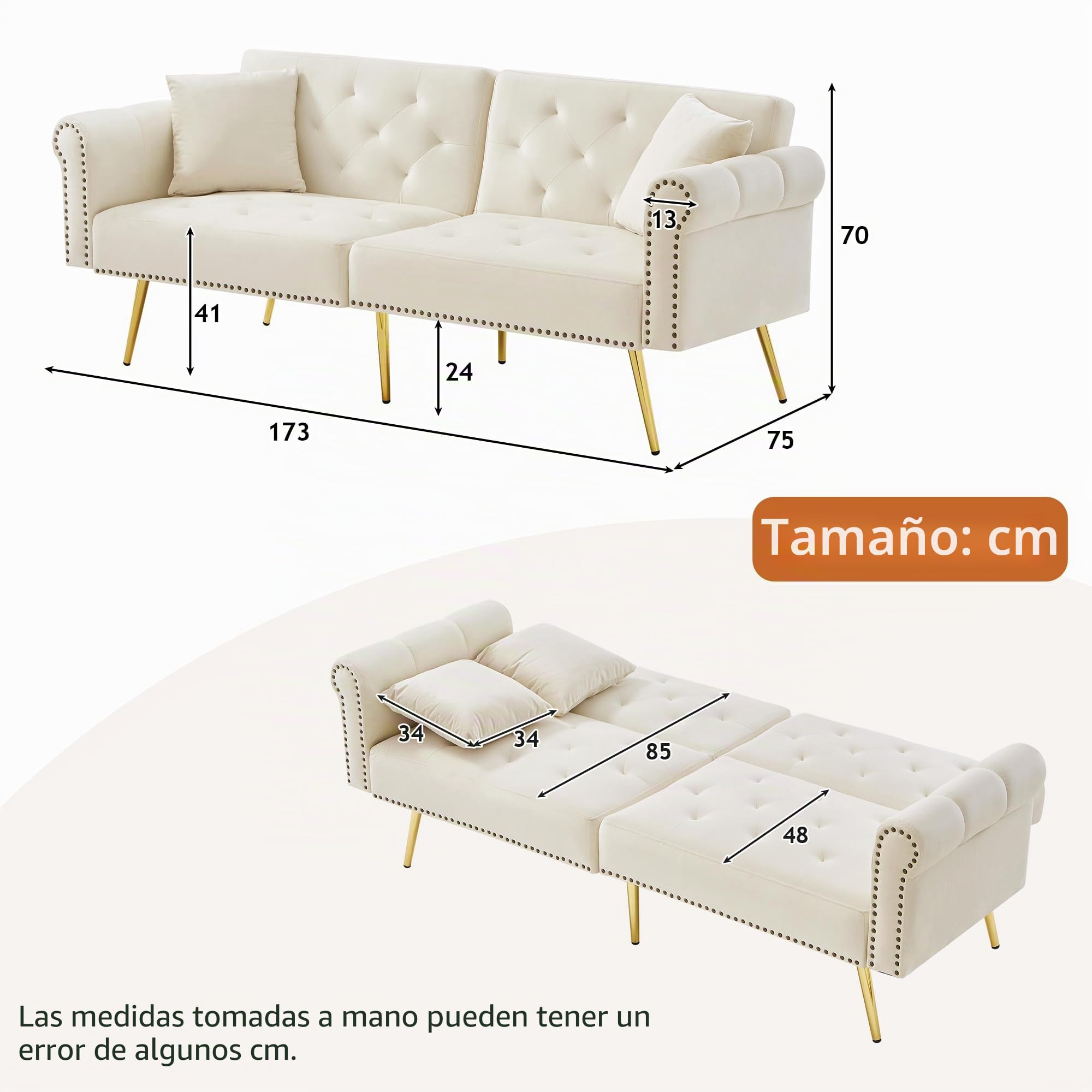 Sofá cama moderno de 2 plazas, tapizado en terciopelo, respaldo ajustable en 3 niveles y patas de metal doradas, elegante sofá con función de dormir, ahorra espacio, resistente, 173 x 75 x 70 cm