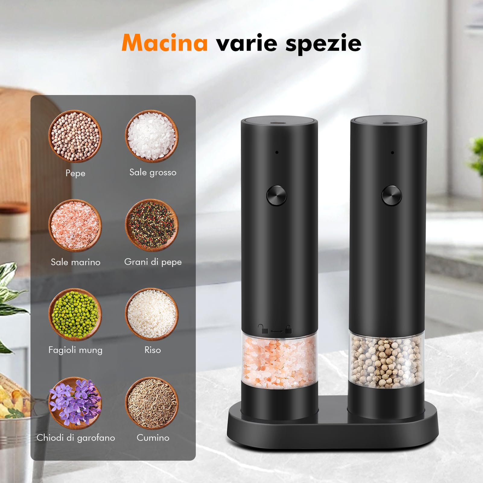 Macina Sale e Pepe Elettrico di 2 Pezzi -Ricaricabile USB Macina Pepe Elettrico con Base-Macinino Spezie a Grana Regolabile, Contenitore Lavabile per Cucina/Picnic/Grigliate