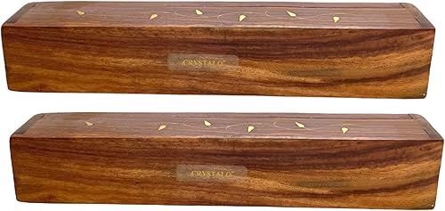 Vista 17 de Paquete de 2 quemadores de incienso de madera tipo ataúd - Incrustaciones de latón de 12 pulgadas - Compartimento de almacenamiento (Buddha)
