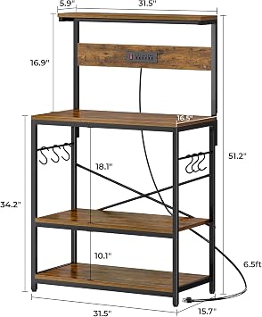 SUPERJARE Bakers Rack with Outlet Microwave Stand 31.5 x 16.5 Inch Large Desktop Kitchen Storage Rack with Adjustable Middle Shelf 6 S Hooks Coffee Bar Stand Rustic Brown
