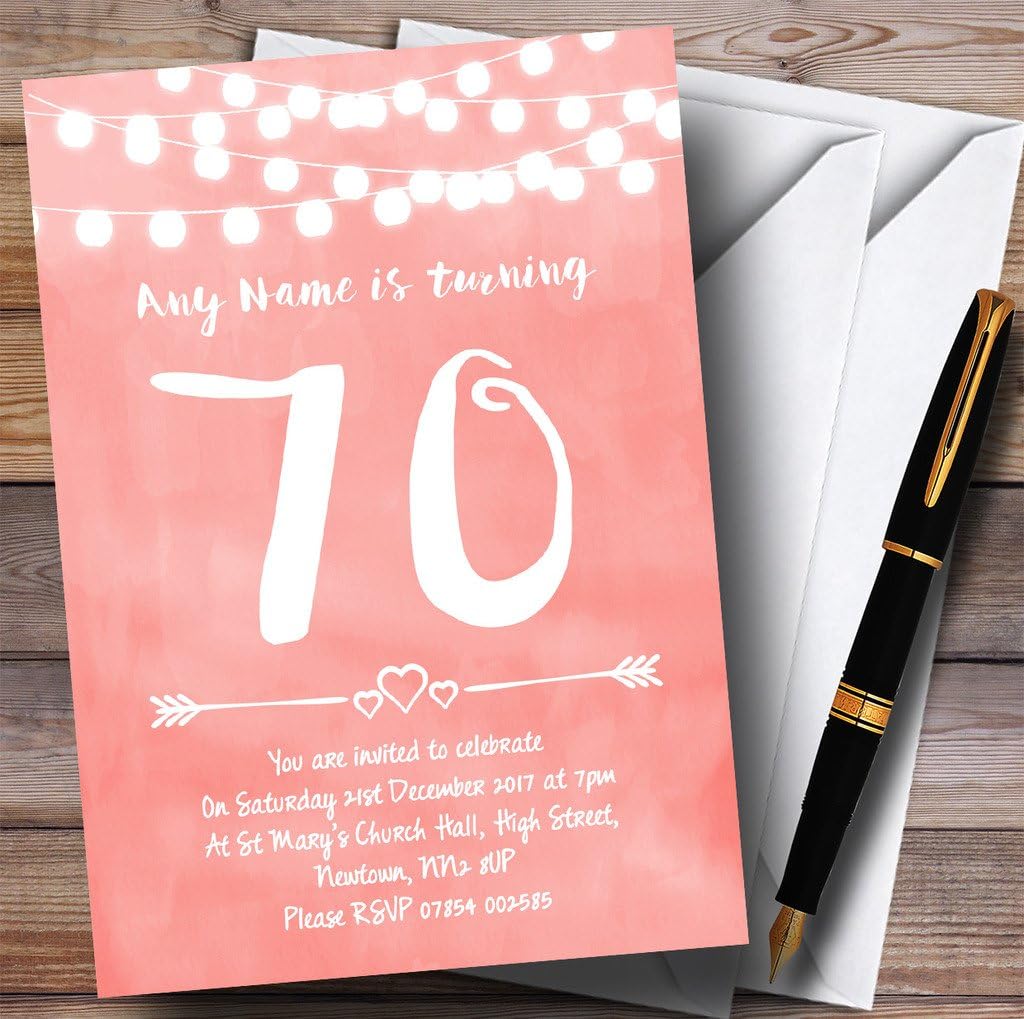 Coral Pink Lights 70th Personalized Birthday Party Invitations