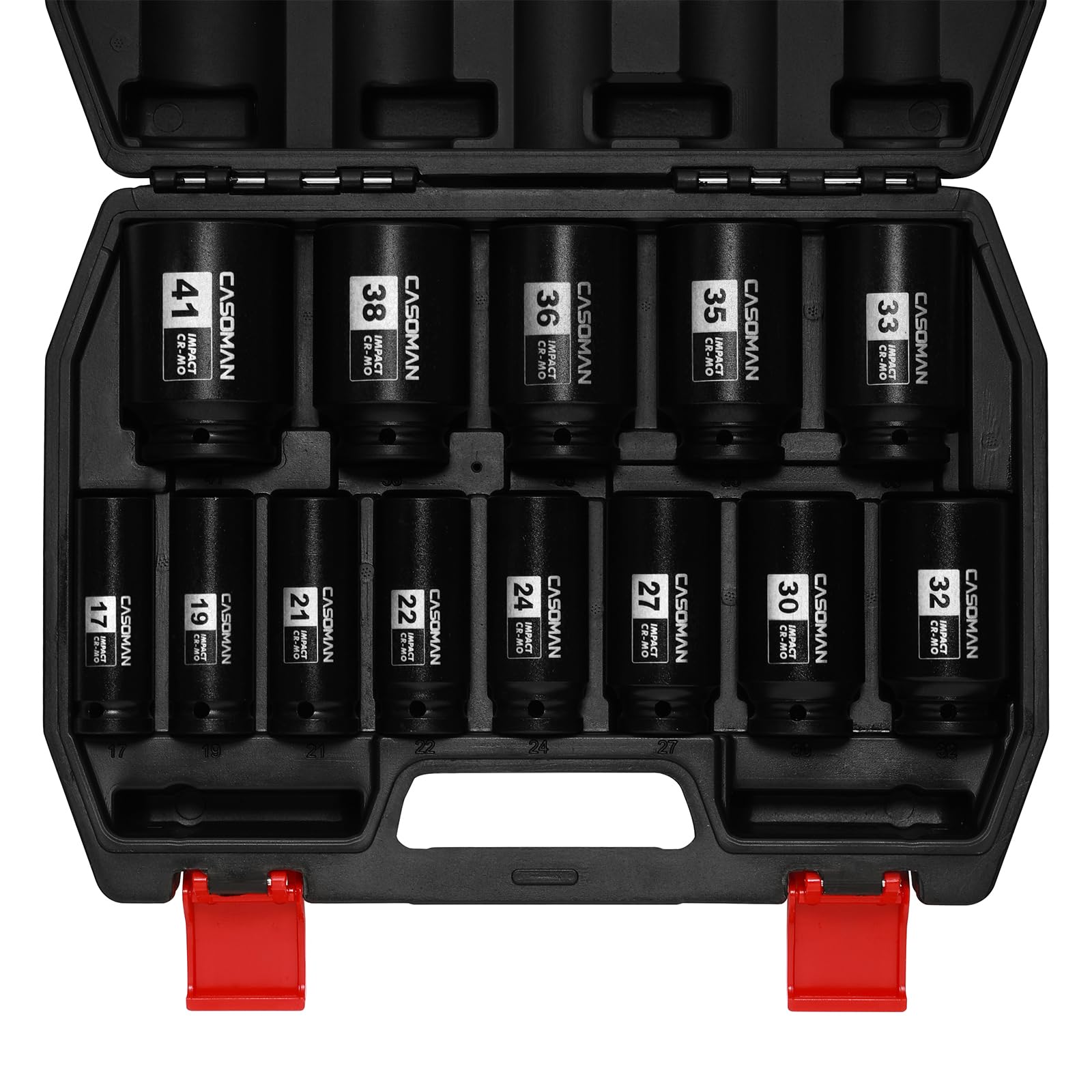 CASOMAN Set di 13 chiavi a bussola a impatto profondo, 1/2", set di chiavi a bussola per chiave a percussione, 6 punti, CR-MO, metriche, 17 mm, 19 mm, 21 mm, 22 mm, 24 mm, 27 mm, 30 mm, 32 mm, 33 mm