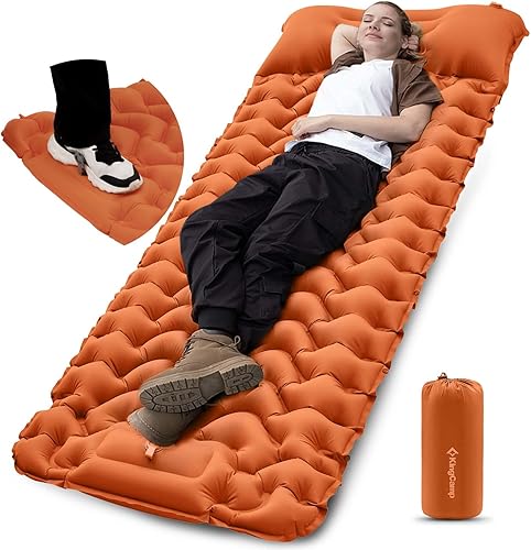 KingCamp Colchoneta de dormir para campamento, 77 x 27 pulgadas, extra ancha, ultraligera, autolimpiable, con bomba y almohada integradas,